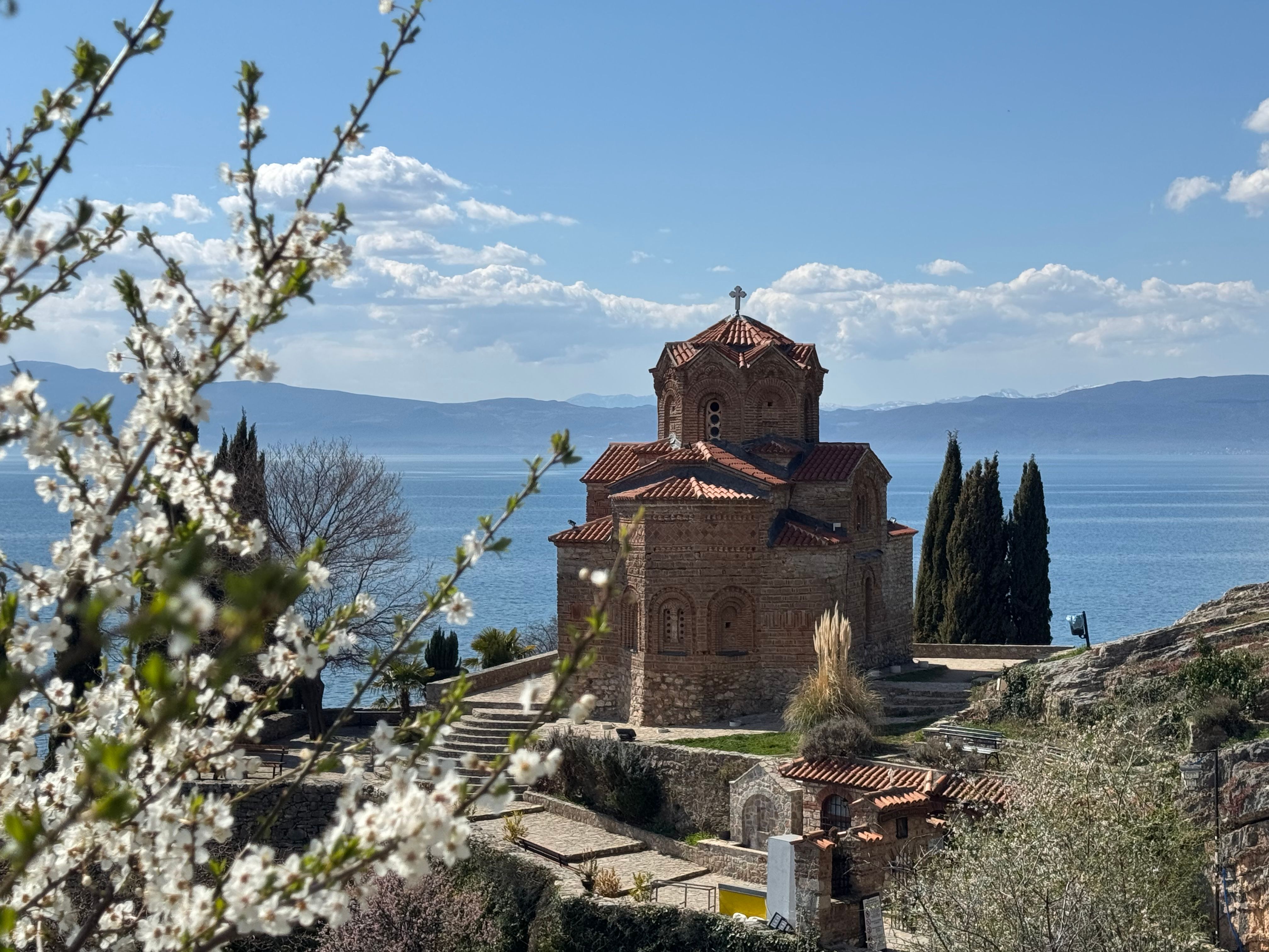 Ancient walls of Samuel's Fortress overlooking Lake Ohrid in North Macedonia