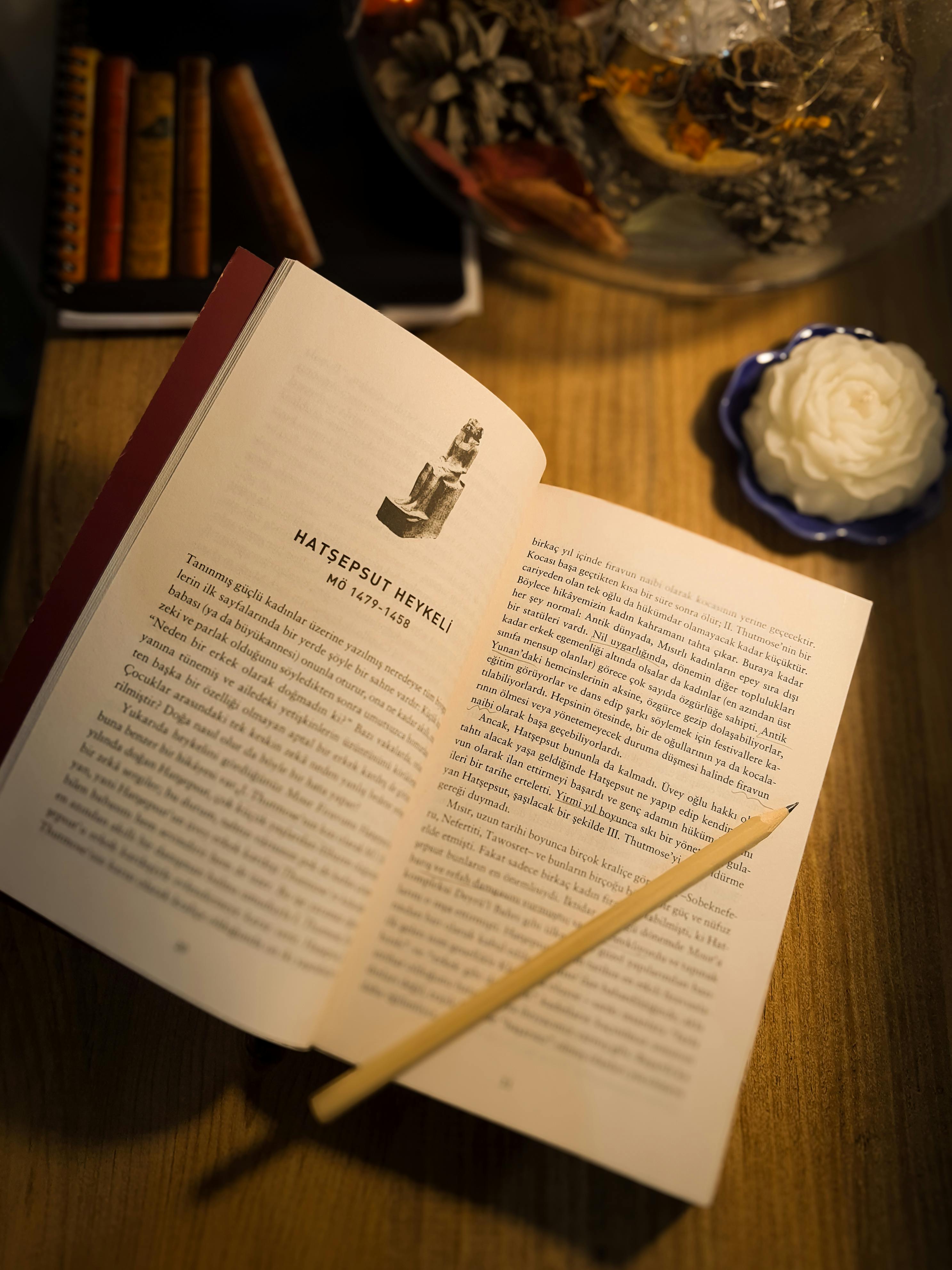 Gratuit Ambiance accueillante avec un livre ouvert, un crayon et une bougie décorative sur une table en bois. Photos