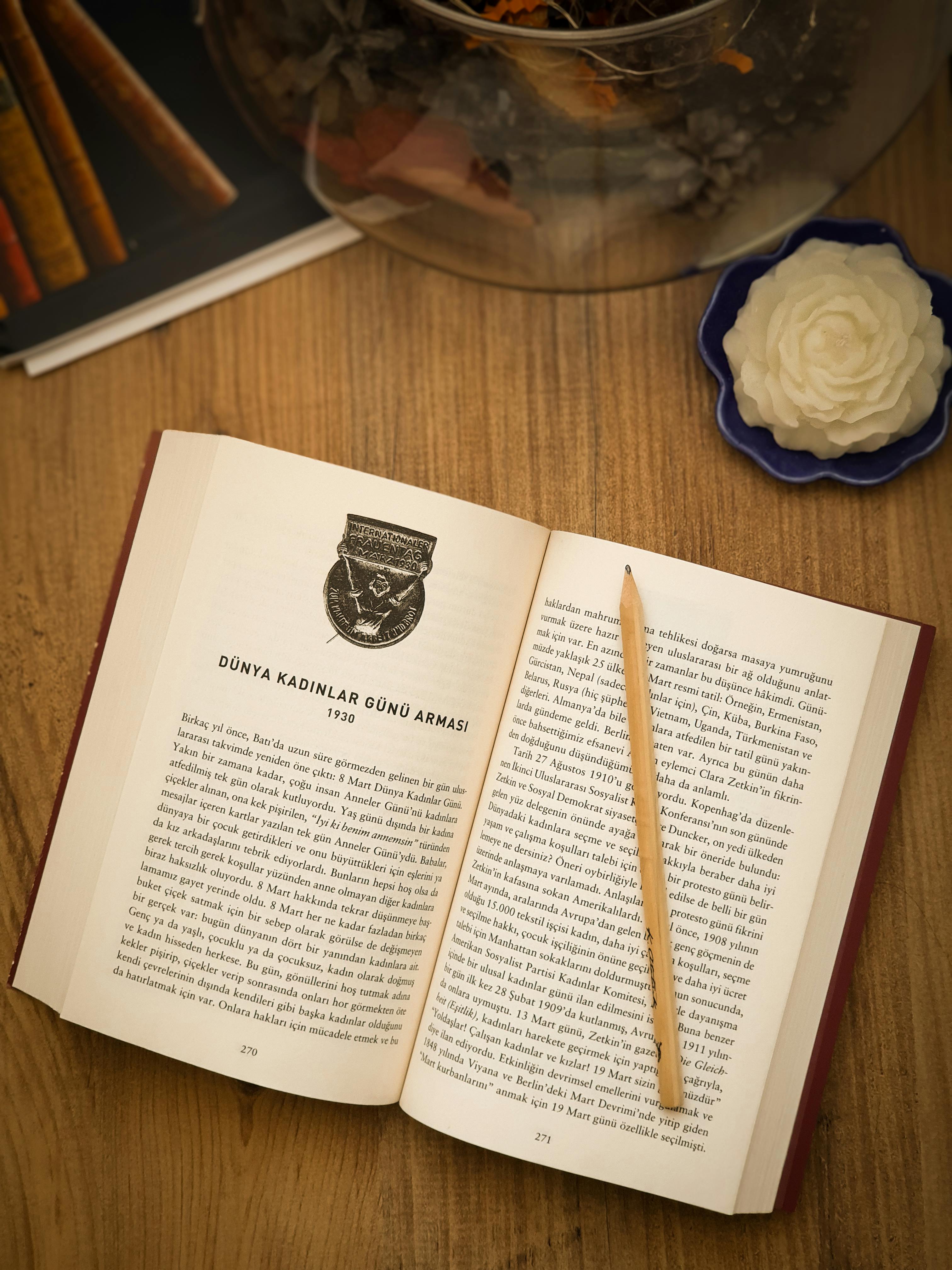 Miễn phí Một cuốn sách mở, bút chì đặt ngang qua, được đặt trên một chiếc bàn gỗ bên cạnh một ngọn nến trang trí và một chiếc bát. Ảnh lưu trữ