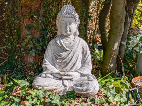Free Peaceful Buddha statue nestled in a vibrant garden, surrounded by lush greenery and sunlight. Stock Photo
