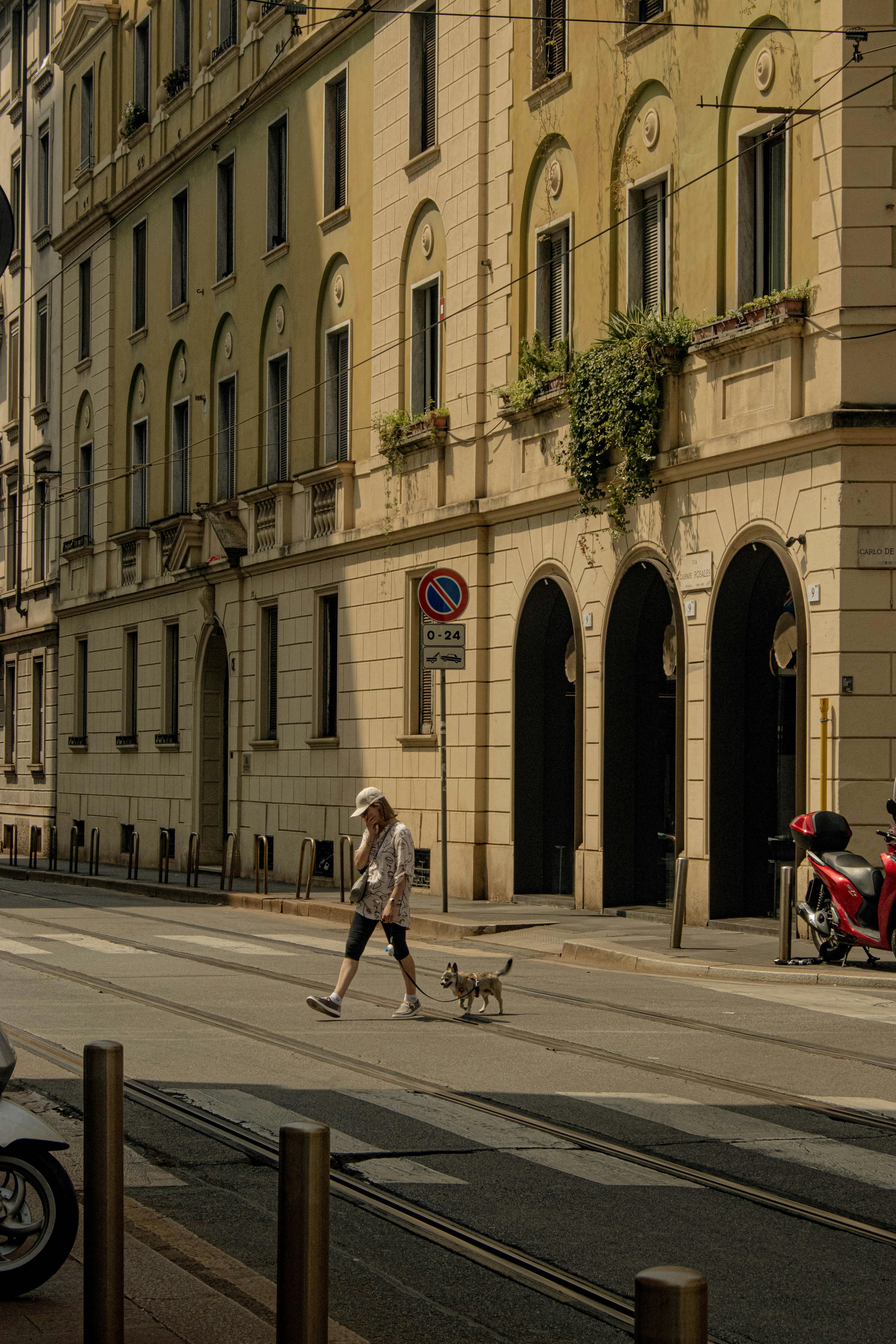 ฟรี หญิงคนหนึ่งพาสุนัขเดินเล่นไปตามถนนที่แสงแดดส่องถึง เคียงข้างสถาปัตยกรรมเก่าแก่ คลังภาพถ่าย