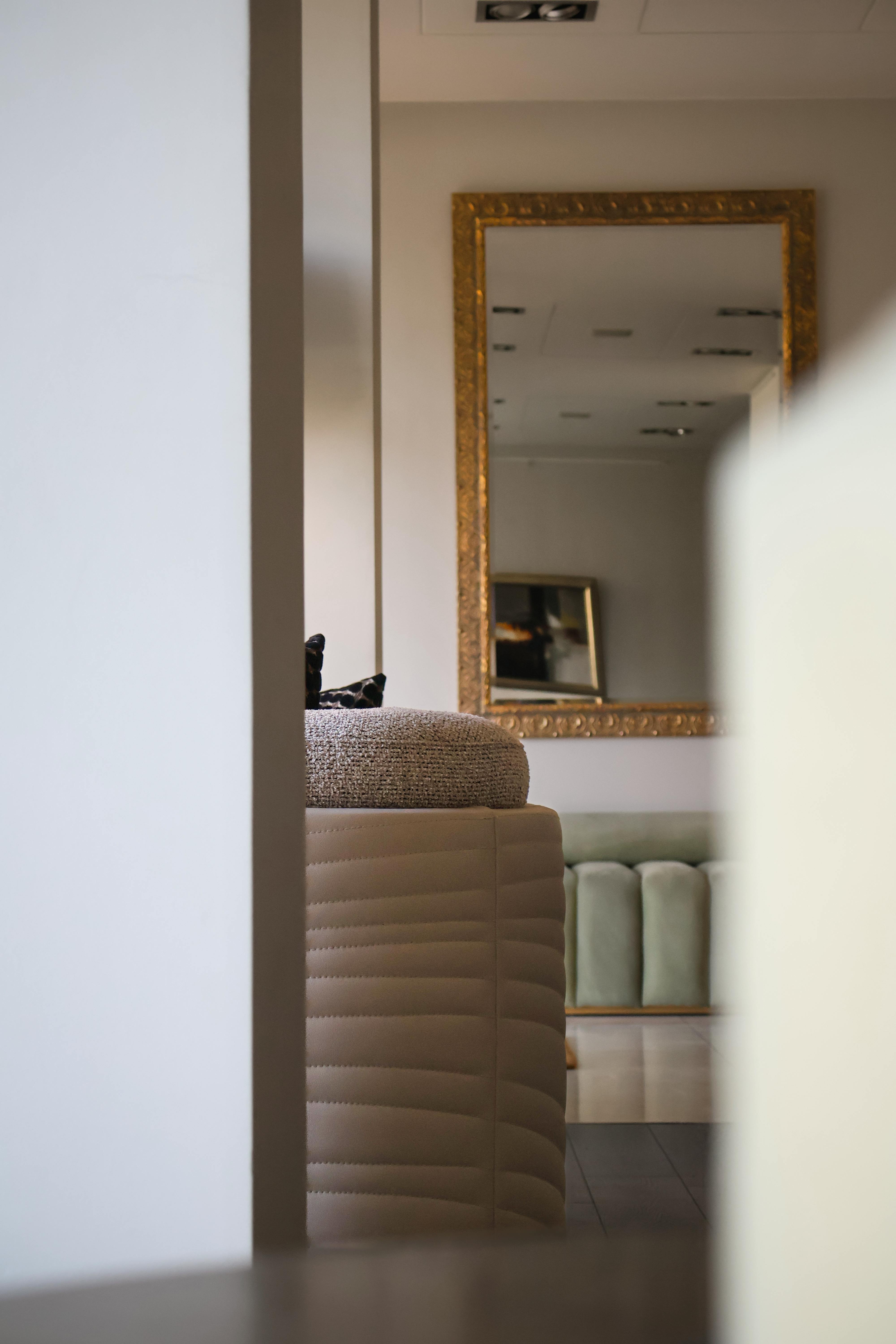 bezplatná Sofistikovaný vnitřní prostor se zrcadlem ve zlatém rámu a plyšovým sezením, vyzařující eleganci. Základová fotografie