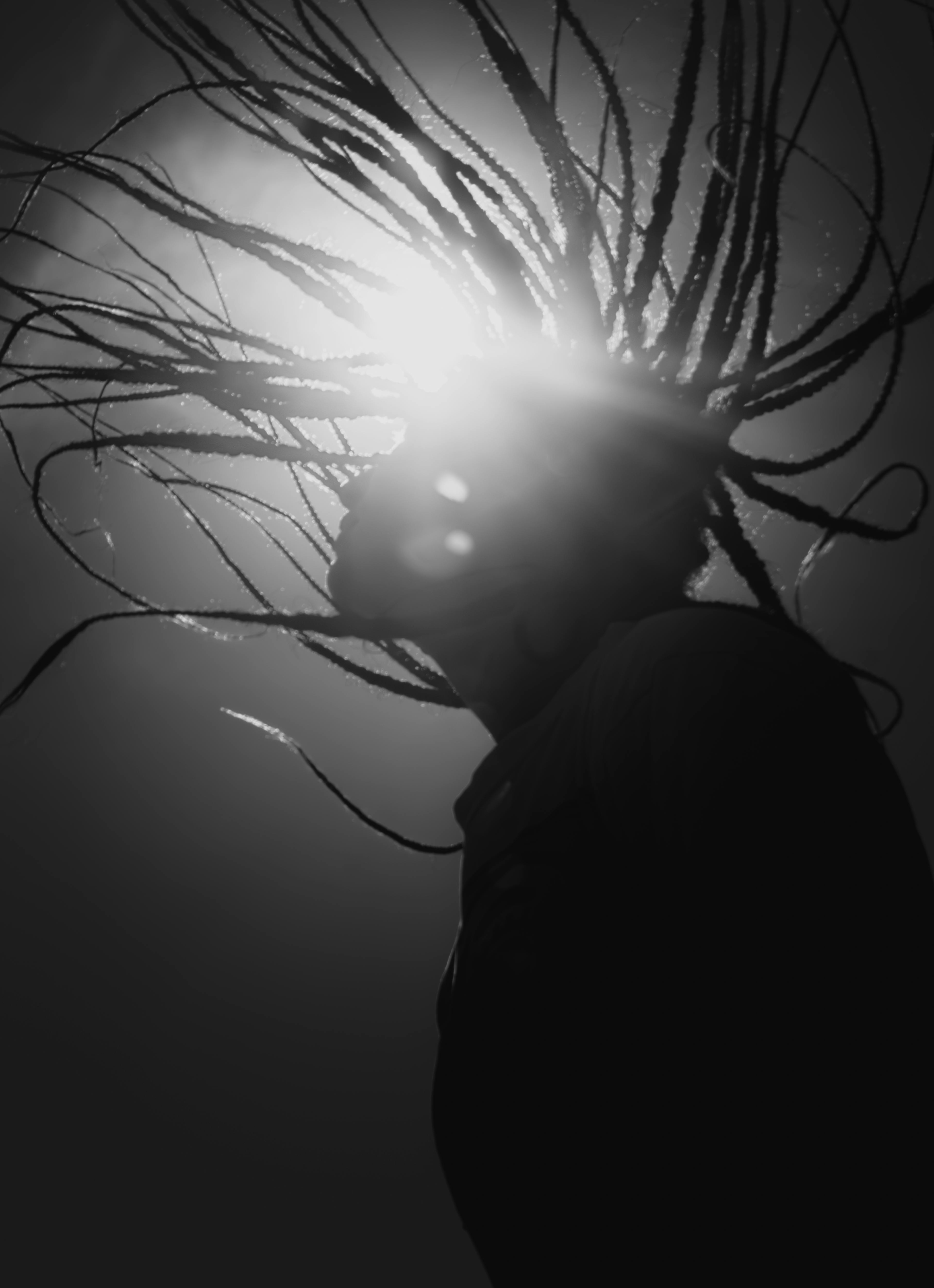 bezplatná Éterický černobílý portrét osoby s dredy osvětlenými slunečním světlem. Základová fotografie