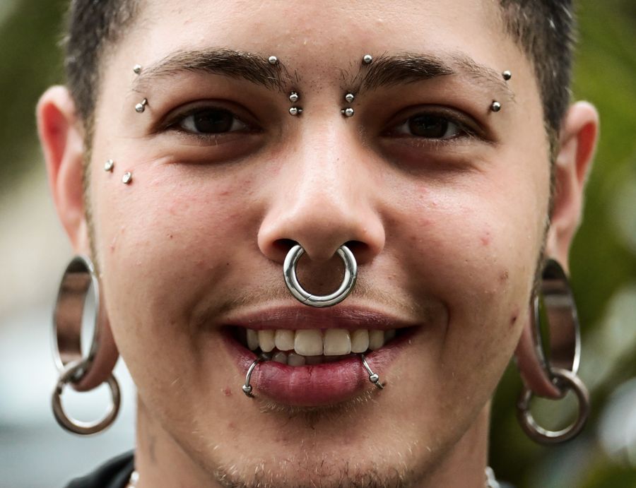 Facial piercings and jewellery close-up