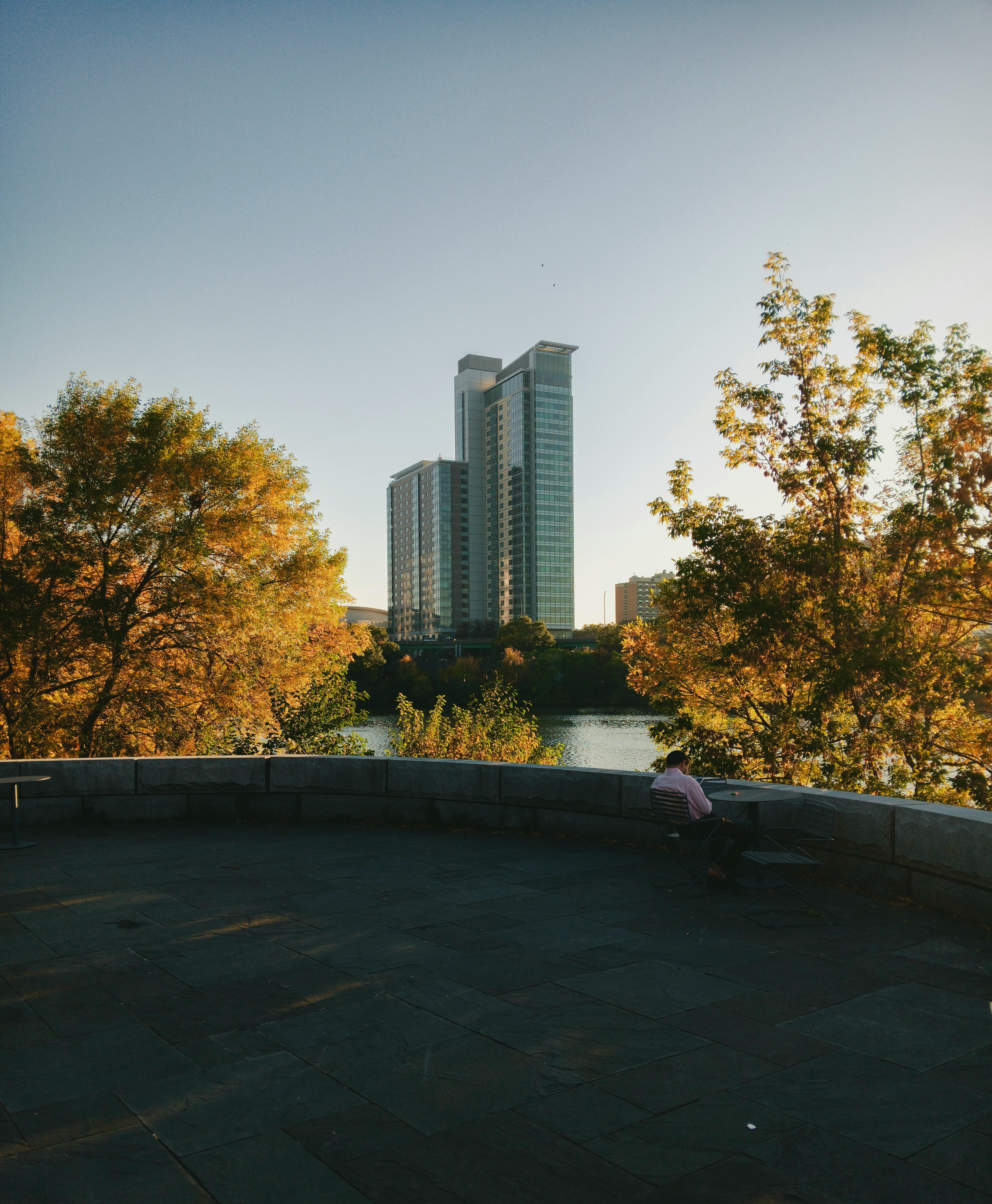 gratis Spectaculair uitzicht op de skyline met een wolkenkrabber omgeven door herfstbladeren. Stockfoto