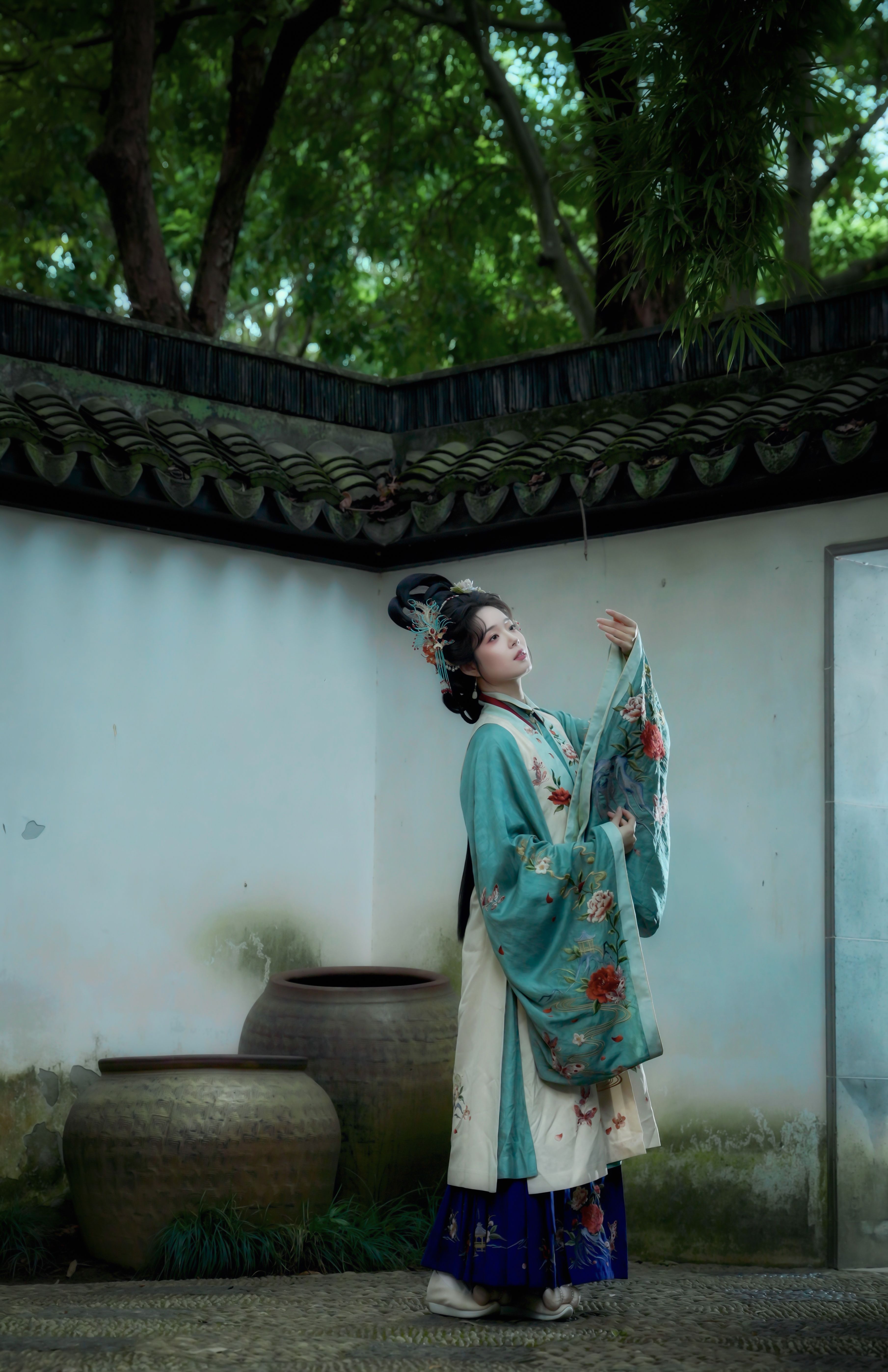 Traditional Chinese Hanfu dress in elegant studio portrait