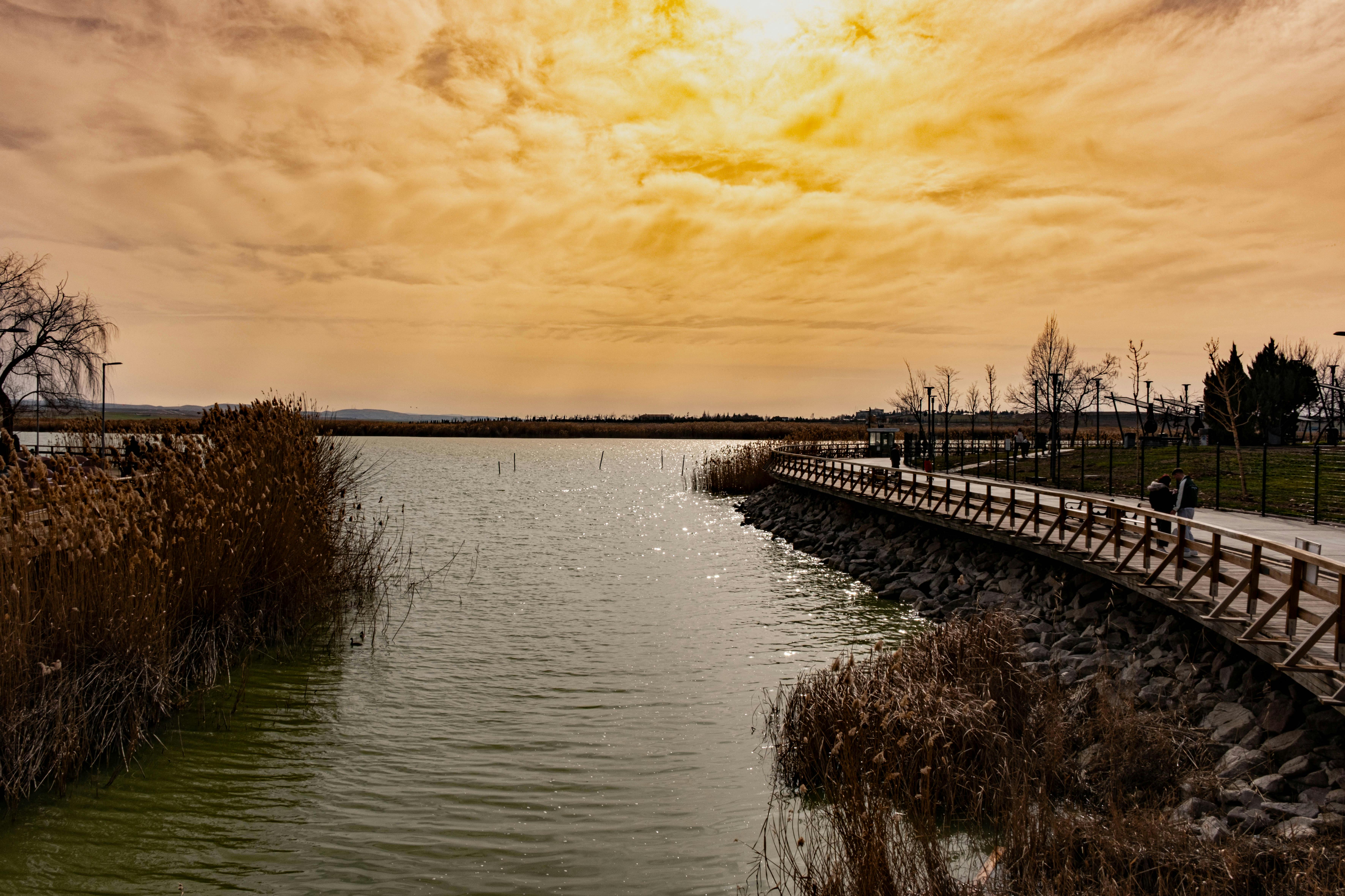 bezplatná Malebný výhled na jezero s chodníkem a zlatým západem slunce odrážejícím se na vodě. Klidné a malebné. Základová fotografie