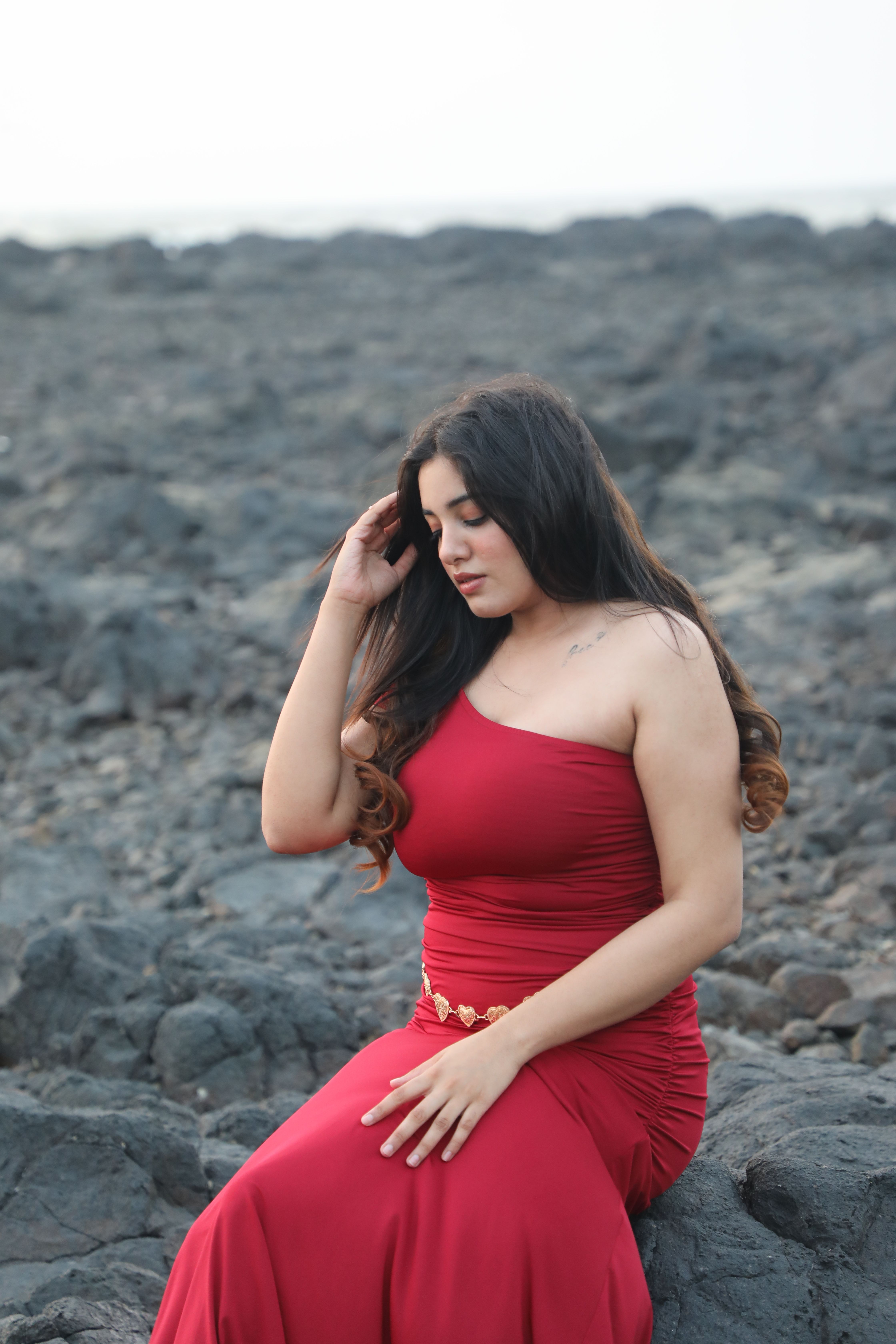 Elegant Woman in Red Dress by Rocky Shore · Free Stock Photo