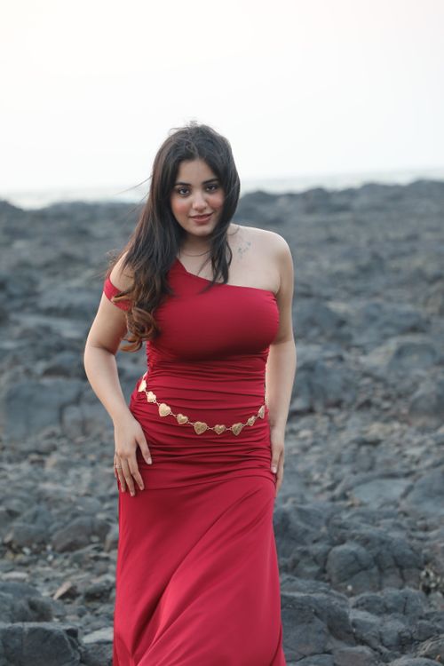 Free Woman in a red dress posing confidently on a rocky beach, creating a striking contrast. Stock Photo