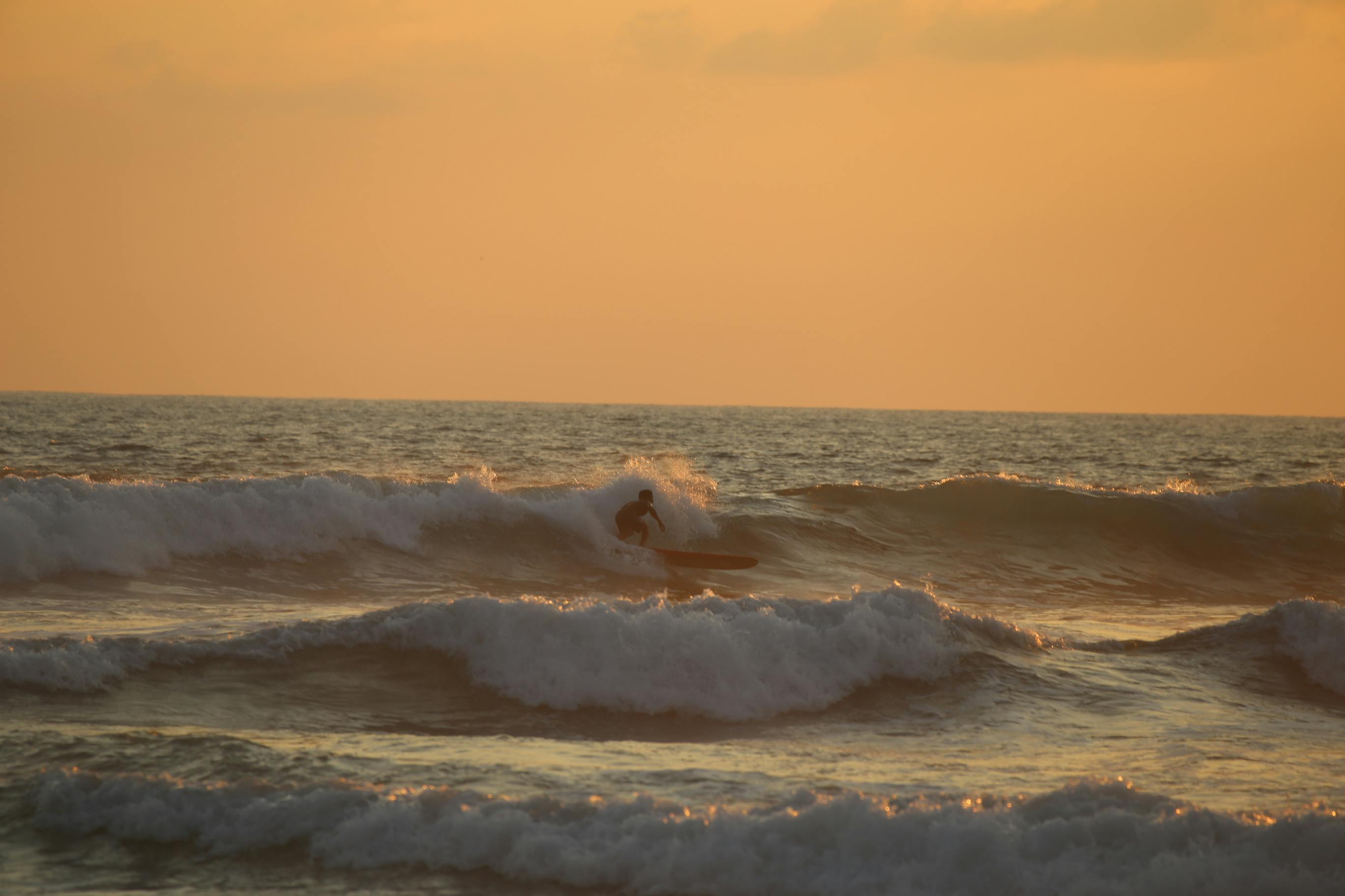 bezplatná Surfař chytá vlnu během zářivého západu slunce na mexické pláži. Základová fotografie