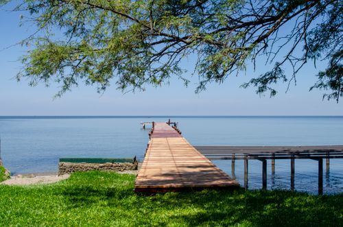 Free A tranquil view of a wooden pier extending to sea under a tree's shade, set against a clear blue sky. Stock Photo