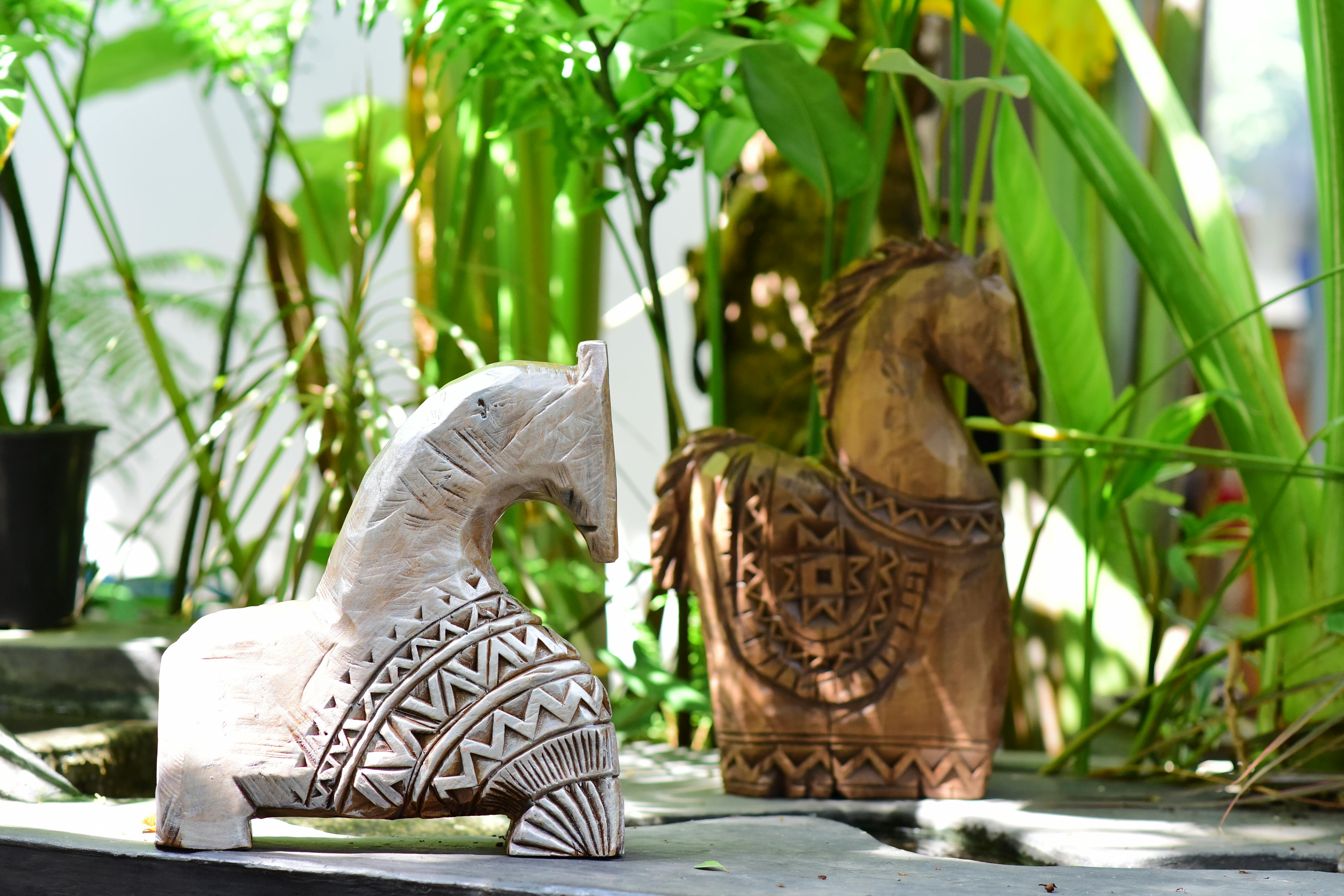 免費 精雕細琢的木製馬雕塑陳列在生機勃勃的綠色植物叢中。 圖庫相片