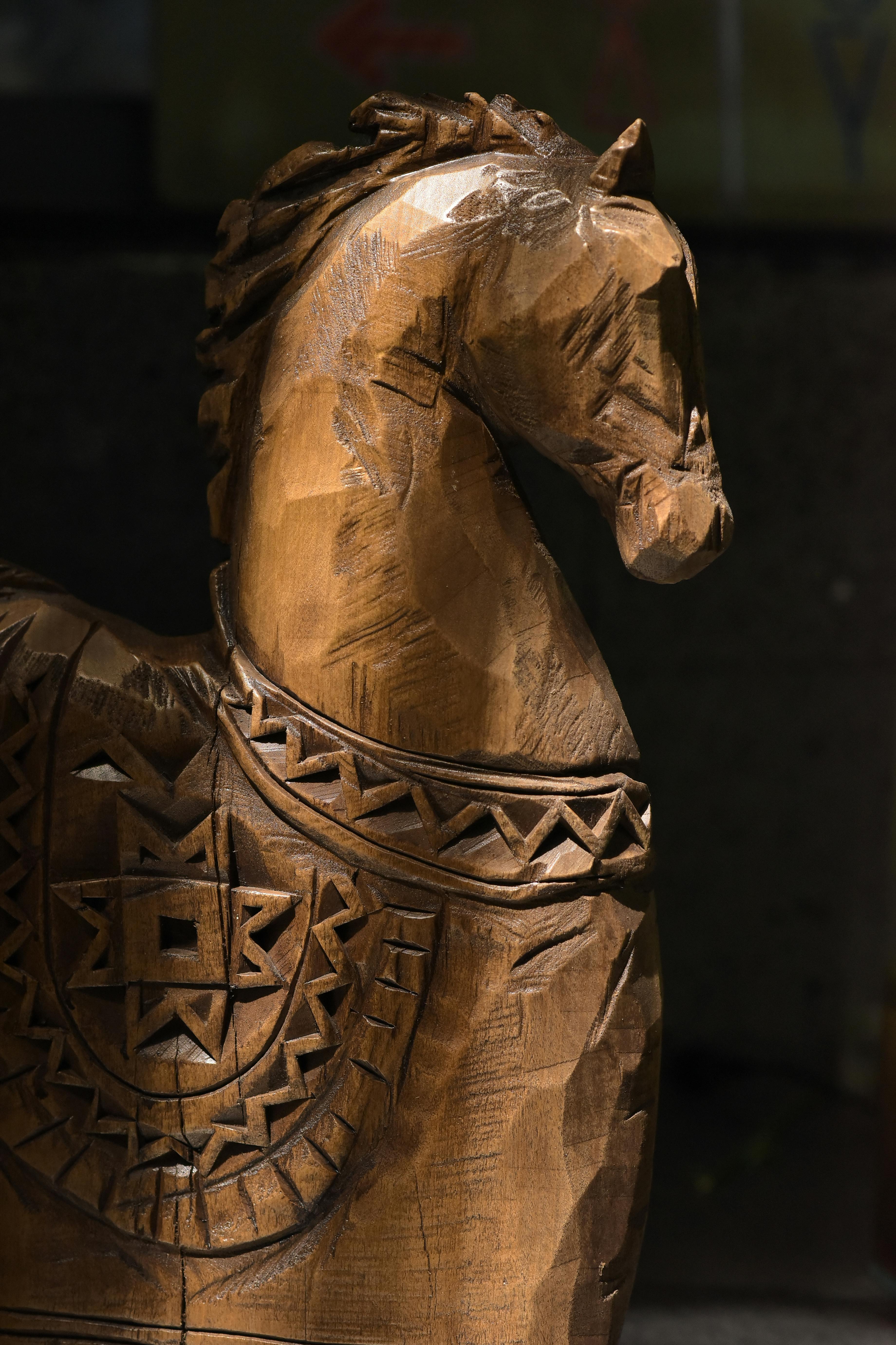 gratis Close-up van een uit hout gesneden paard met gedetailleerde geometrische patronen en warme belichting. Stockfoto