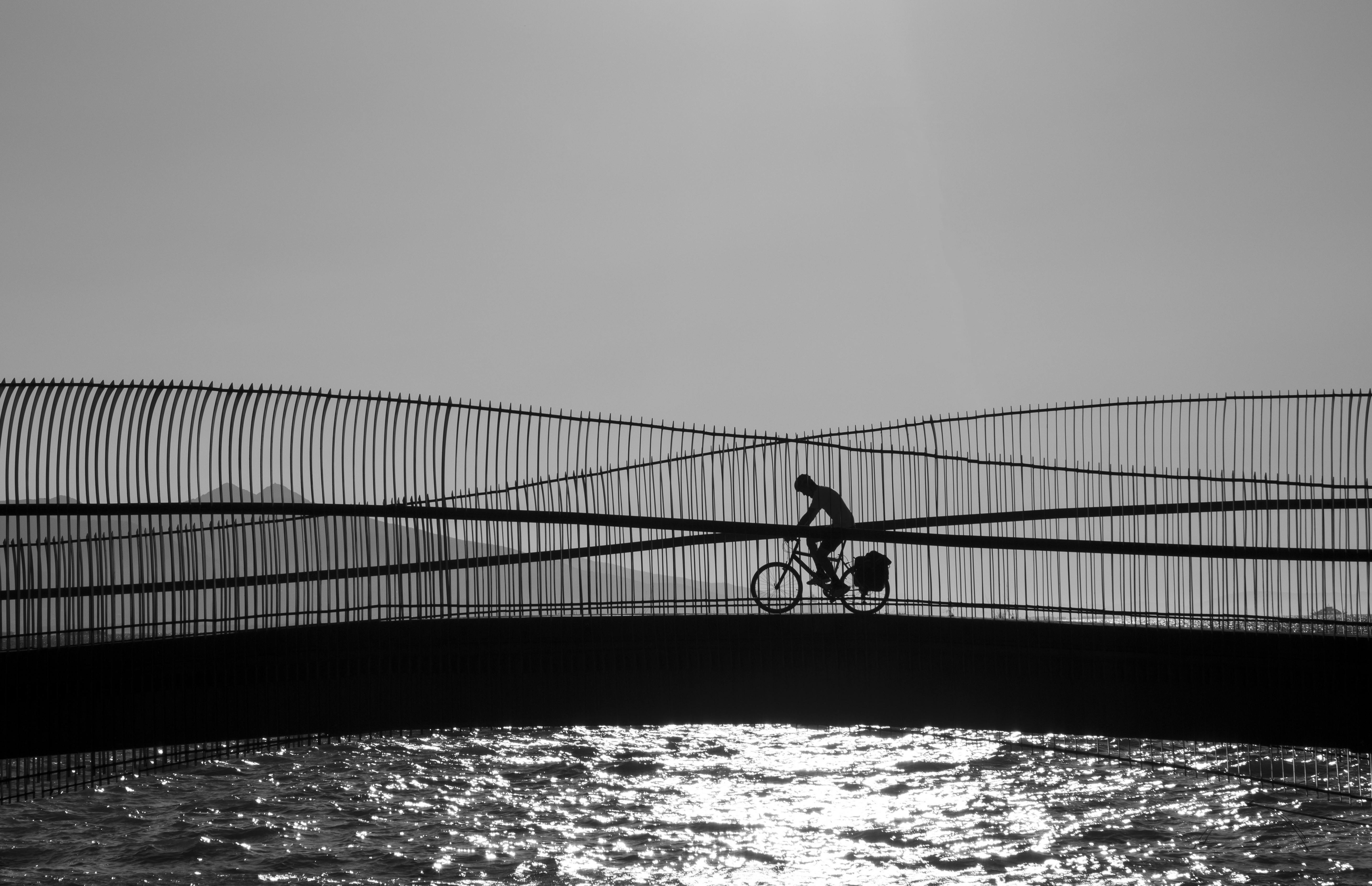 免費 一幅引人注目的黑白剪影，描繪了一位騎自行車的人在現代橋樑上，橋樑橫跨波光粼粼的水面。 圖庫相片