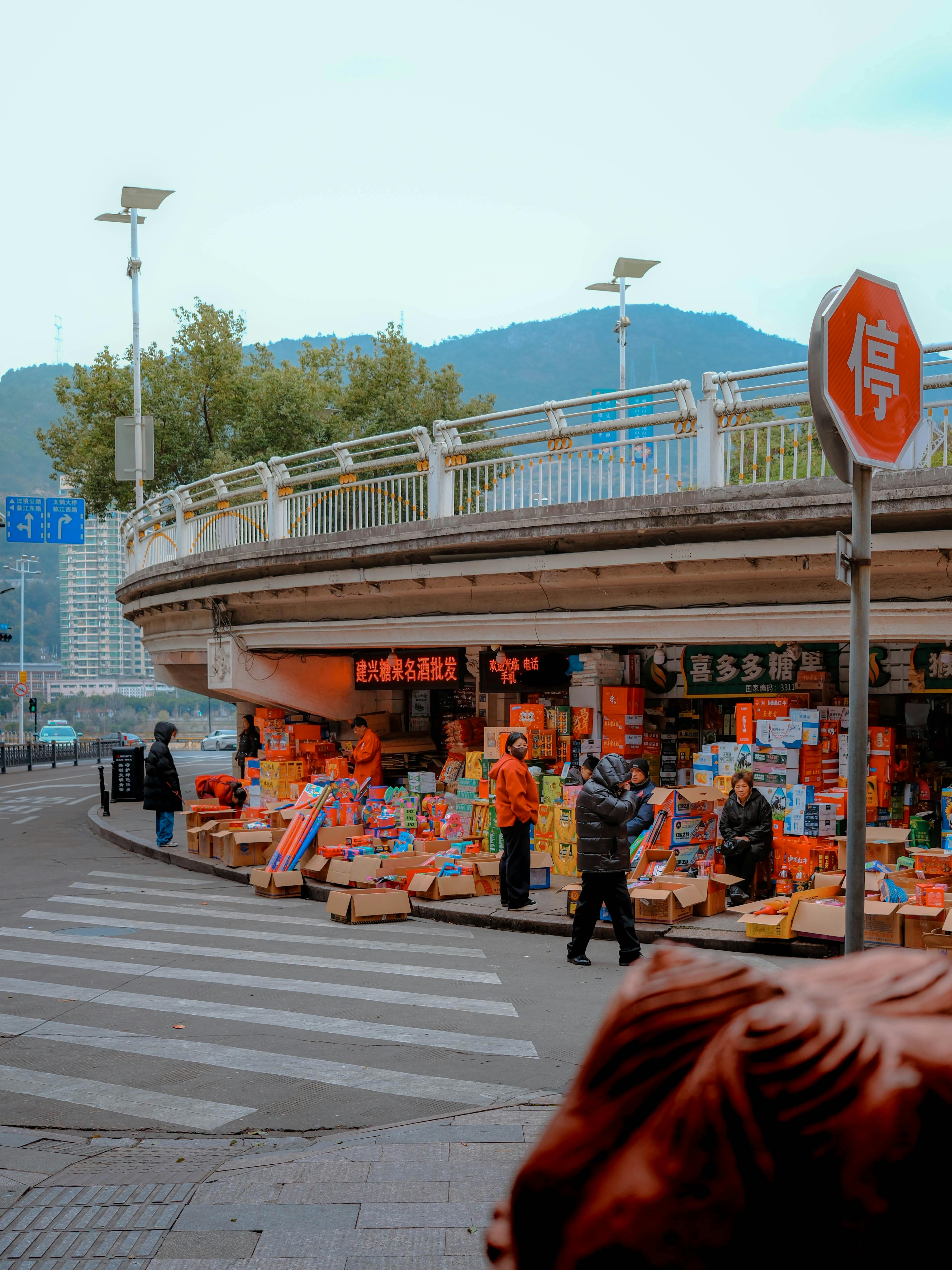 bezplatná Rušný pouliční trh s nakupujícími lidmi pod nadjezdem, v pozadí hory. Základová fotografie