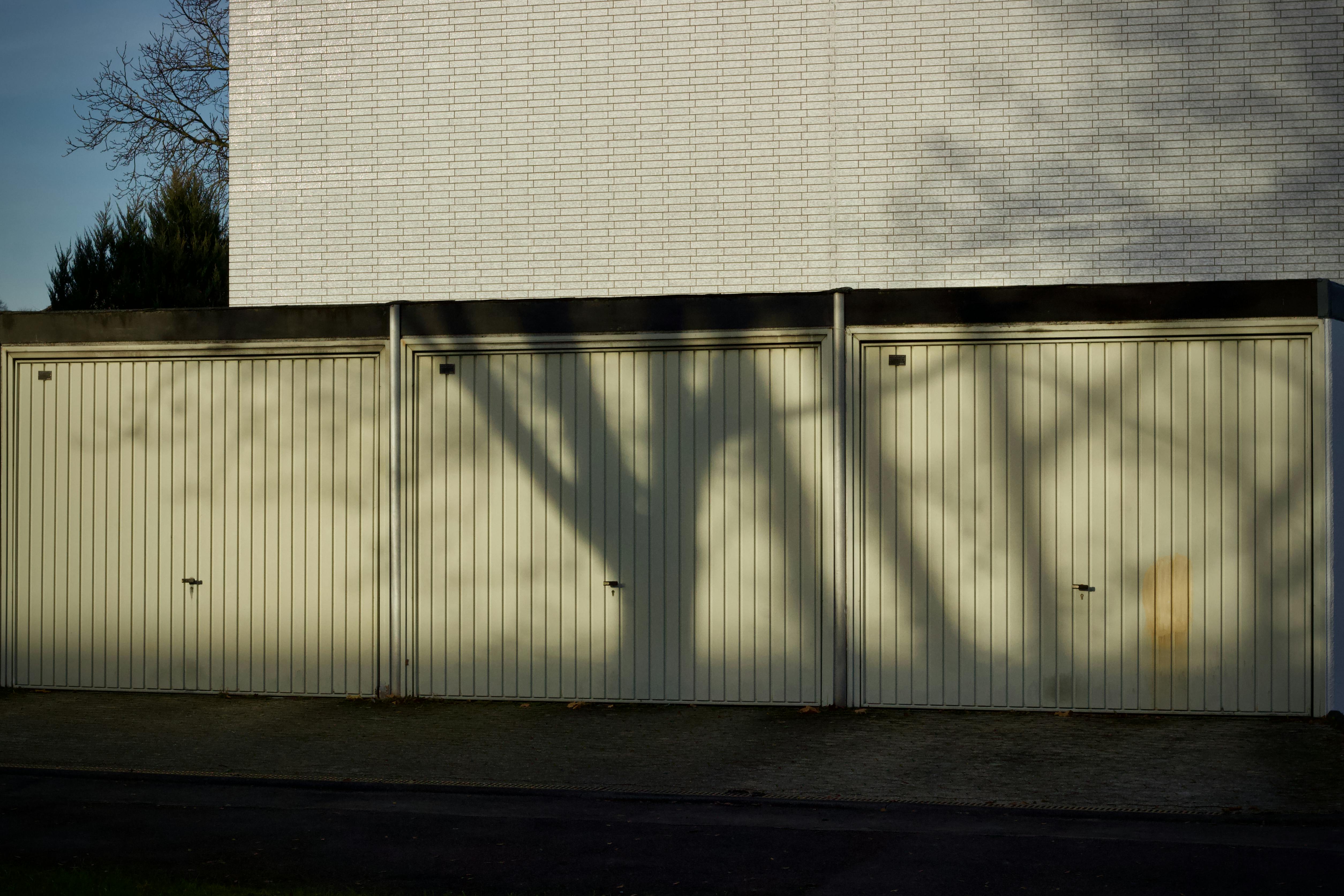 bezplatná Stín stromu vrhá na zavřená garážová vrata a v měkkém světle evokuje tichou předměstskou scenérii. Základová fotografie