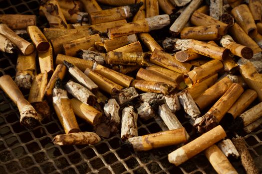 A close-up view of numerous cigarette butts piled on a metal grate surface emphasizing pollution.