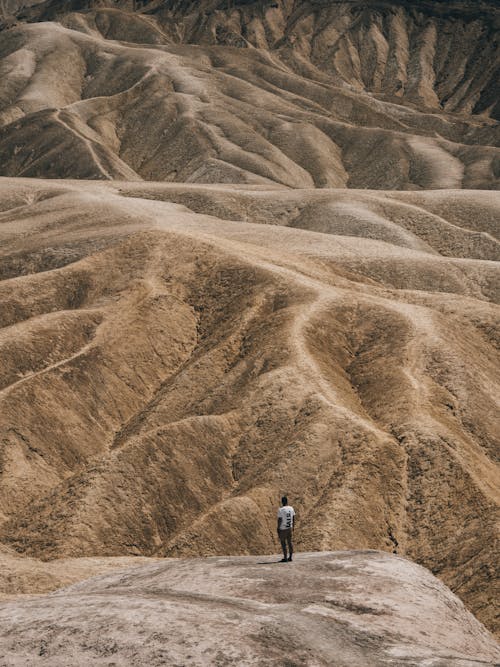 Man Standing in Barren Mountains