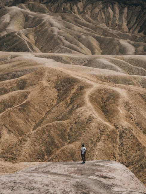 A solitary figure stands amidst a sprawling barren desert, showcasing nature's grandeur.