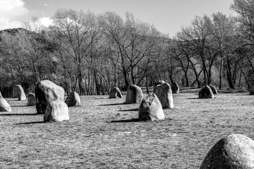 Free Black and white image of ancient megalithic stones in a tranquil rural setting. Stock Photo