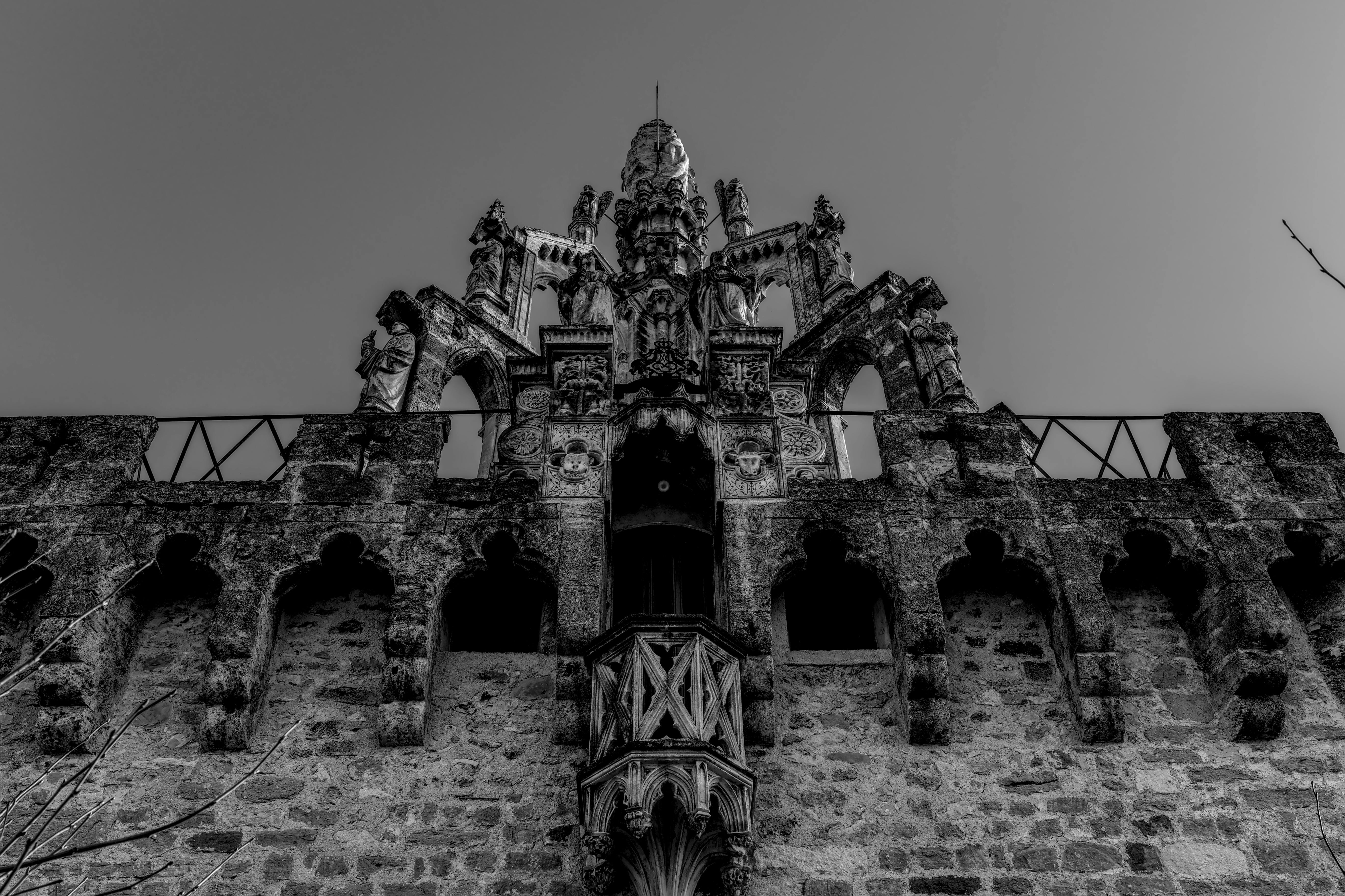 Безкоштовне Чорно-біле фото складної готичної архітектури з низького ракурсу. стокове фото