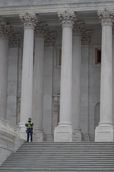 Neoclassical architecture of Capitol Building in Washington, DC, with security presence.