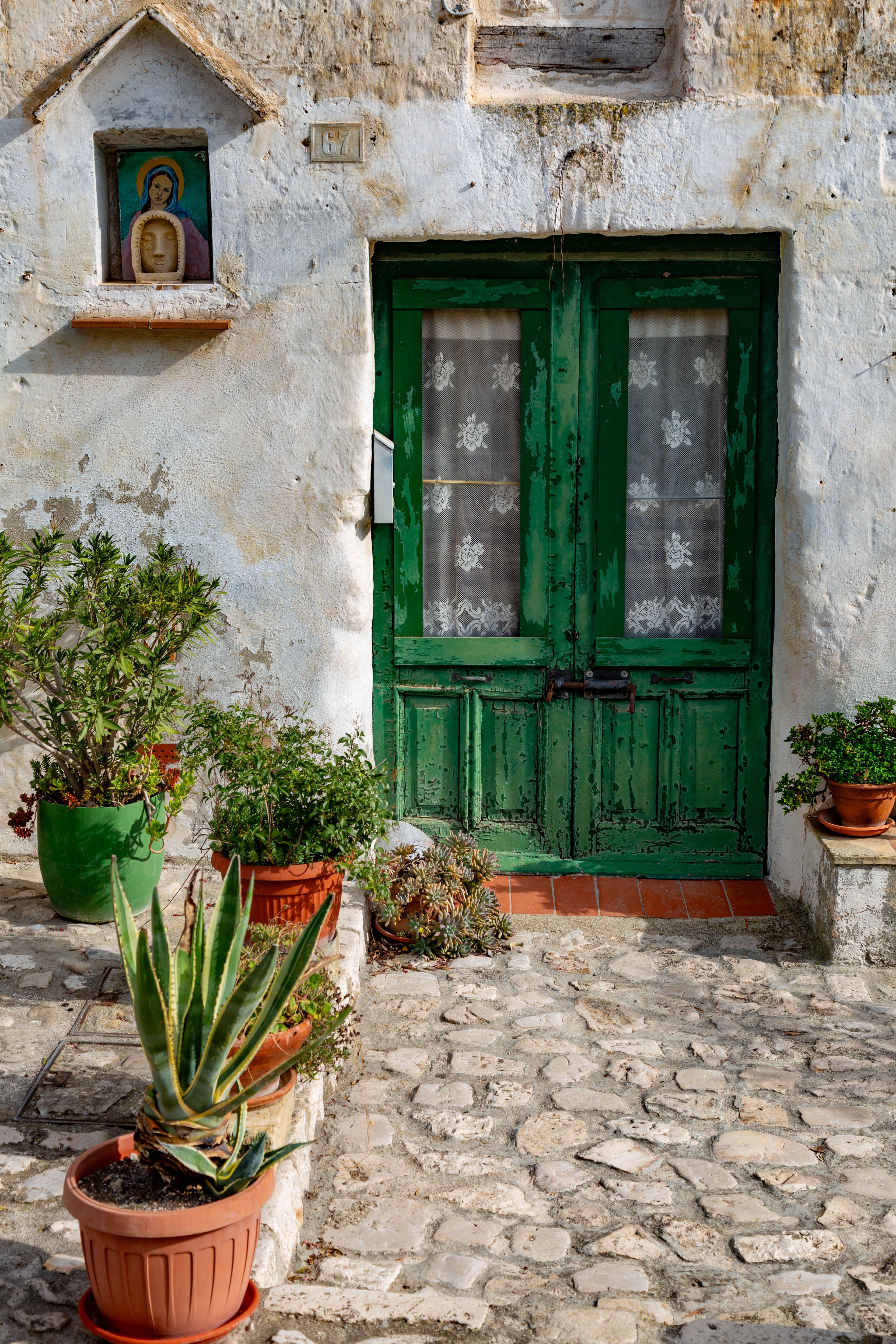 Rustic green doorway with potted plants in Bari, Puglia, Italy, exuding Mediterranean charm.