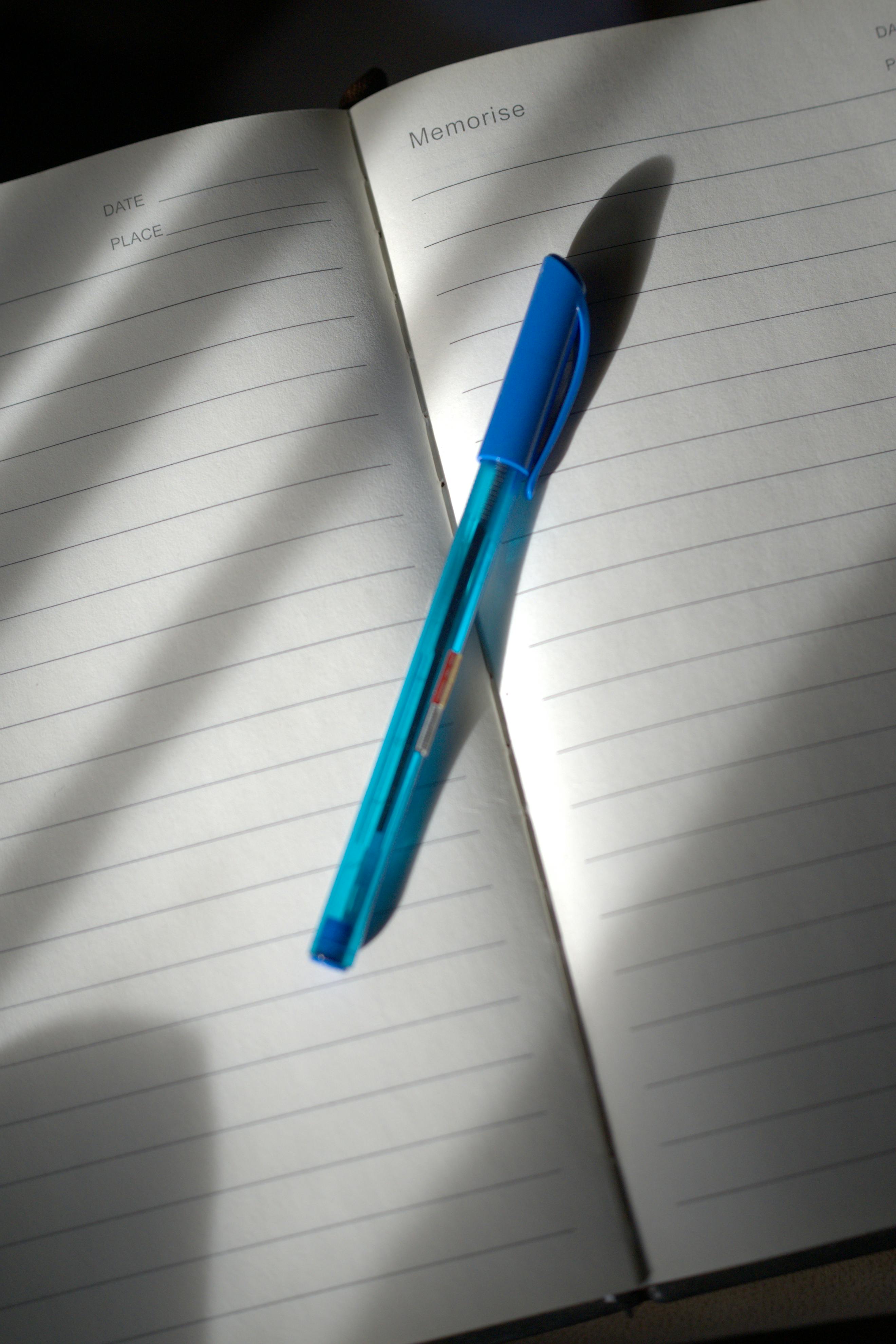 Miễn phí Một cuốn sổ kẻ dòng mở ra, trên đó có một cây bút màu xanh lam, được chiếu sáng bởi ánh sáng tự nhiên. Ảnh lưu trữ