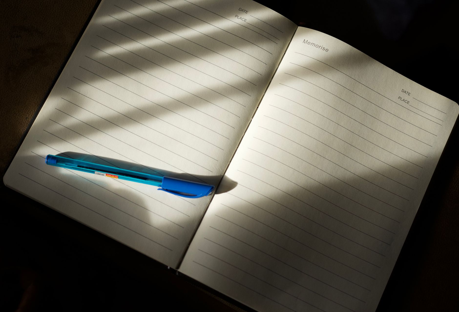 Open notebook with a blue pen under natural light, casting shadows.