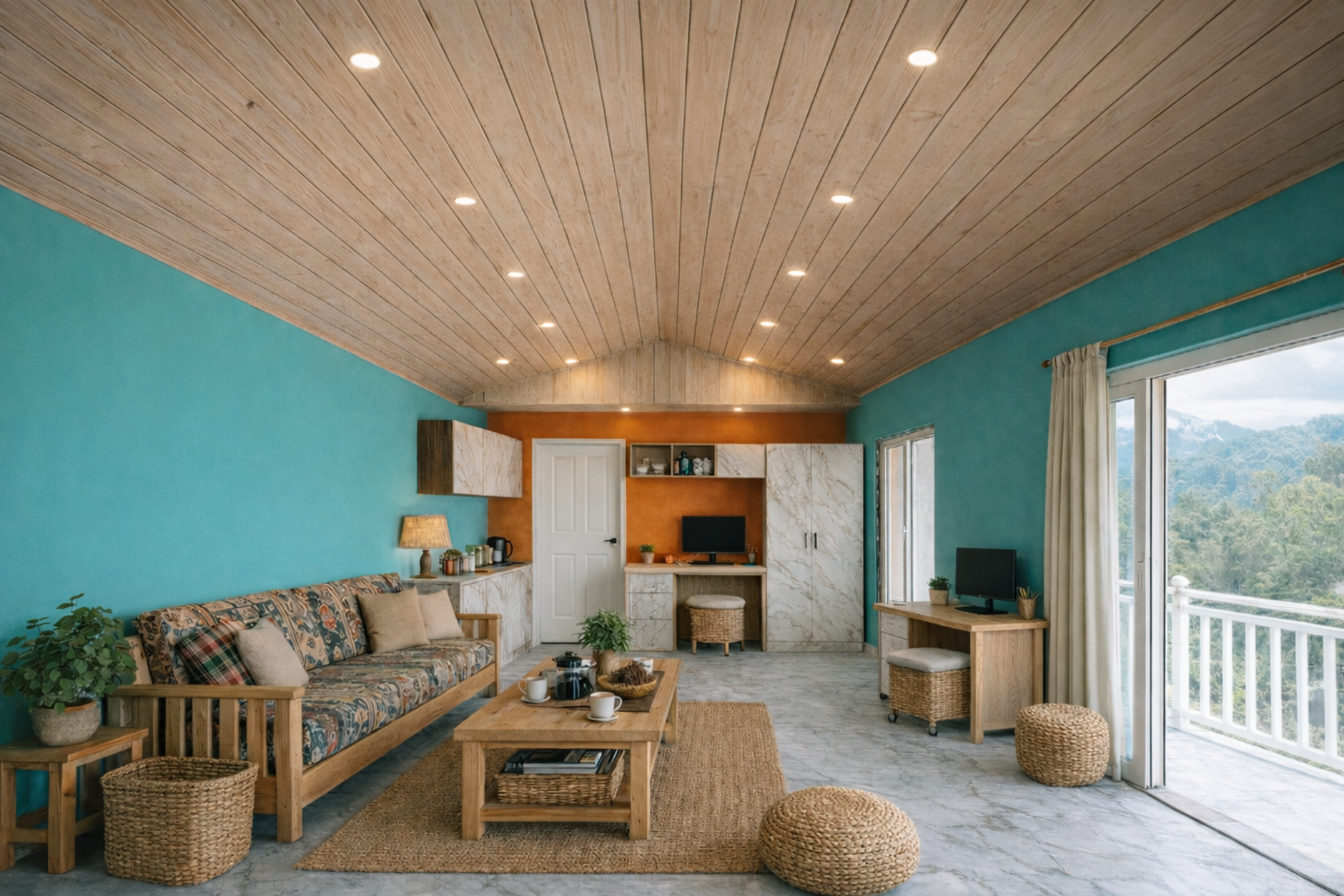 Spacious guest room interior with modern decor in Saraikhet, Uttarakhand.