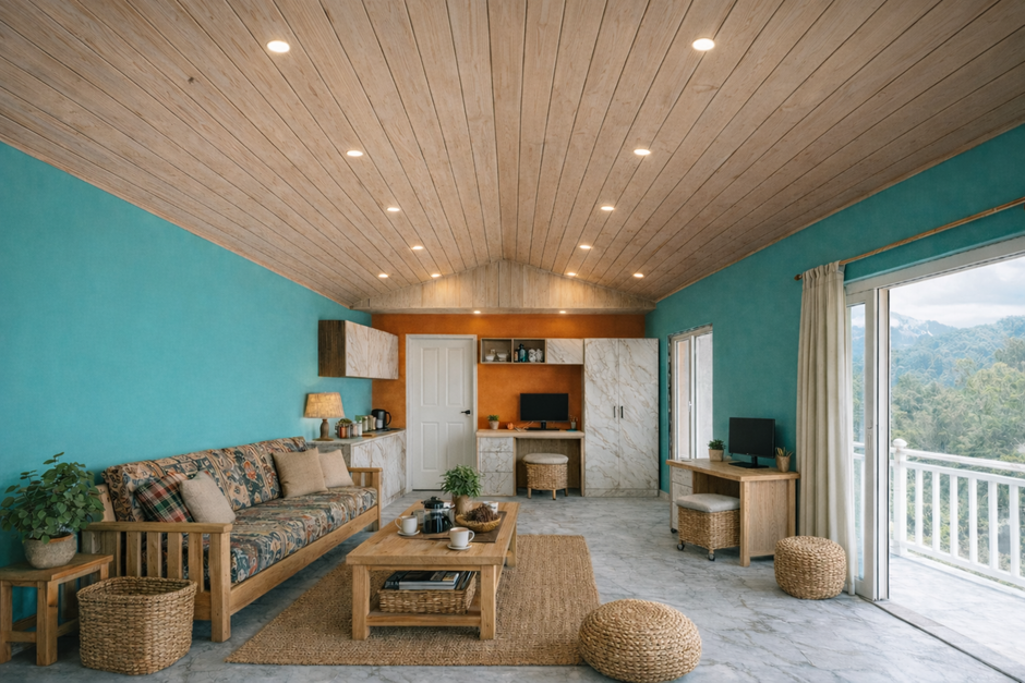 Spacious guest room interior with modern decor in Saraikhet, Uttarakhand.