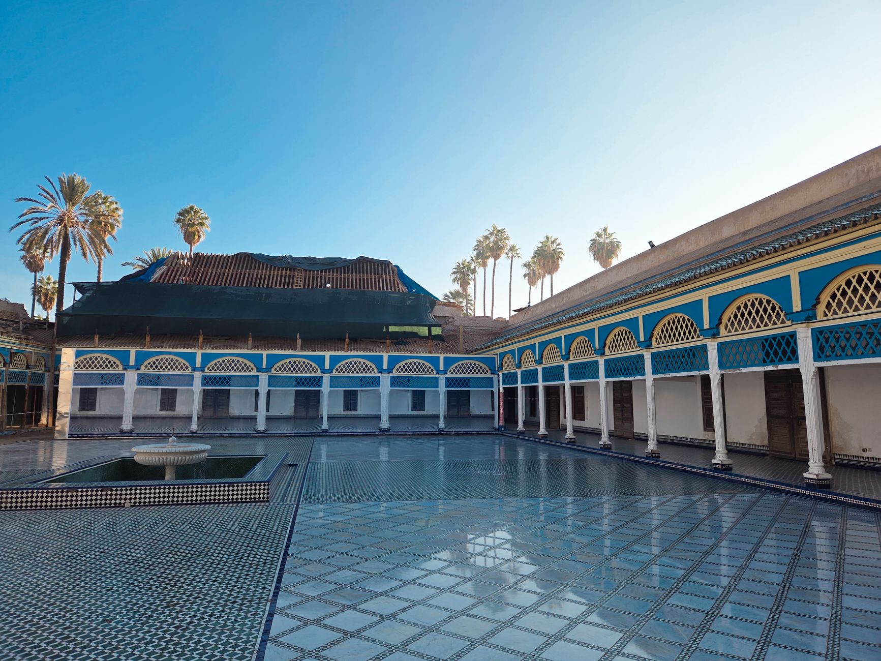 The tiled main courtyard and arcades of the Bahia Palace in Marrakech