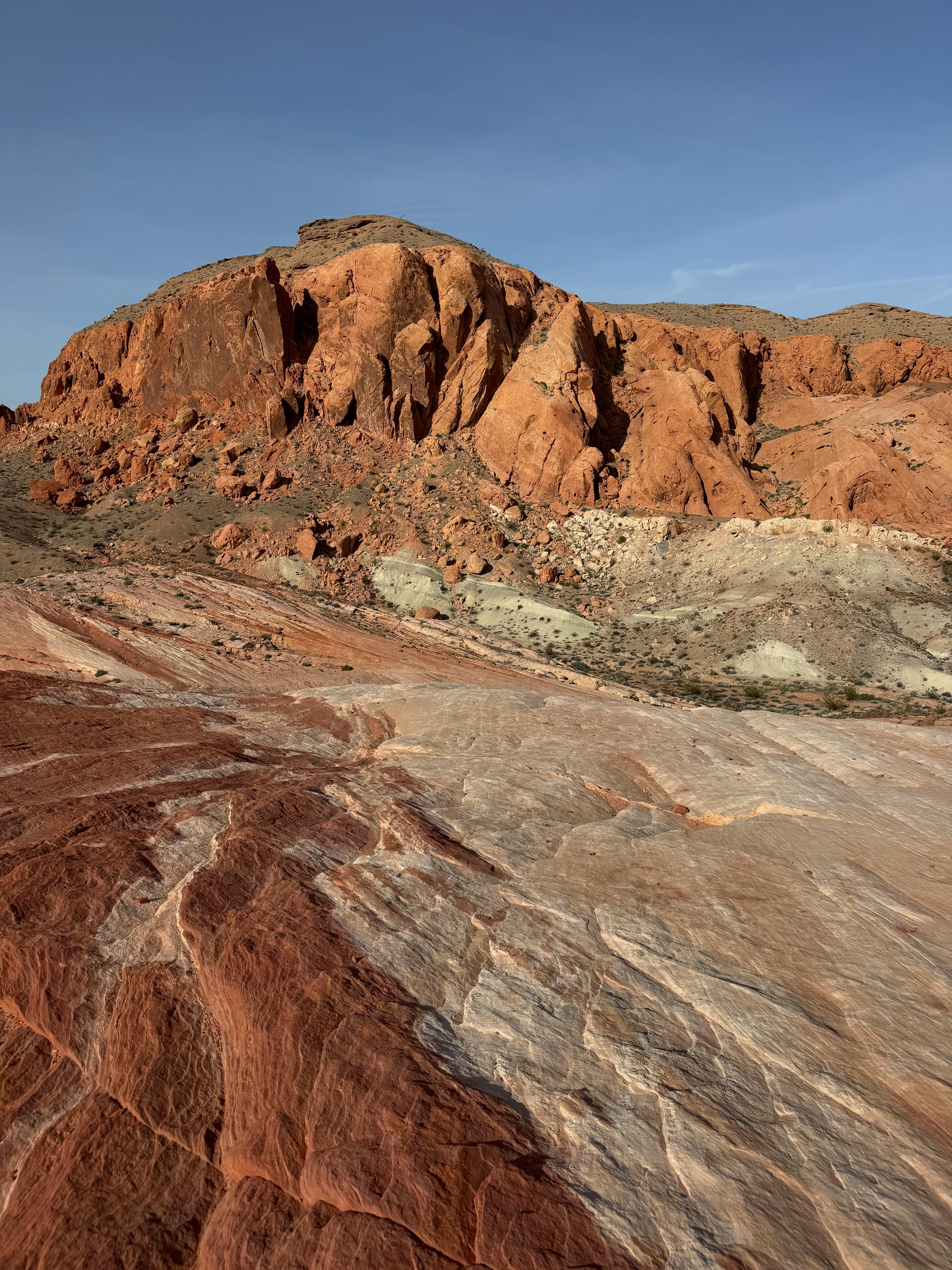 bezplatná Prozkoumejte zářivě červené skalní útvary a bohaté textury údolí Moapa v Nevadě pod jasnou modrou oblohou. Základová fotografie