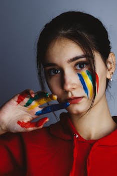 工作室里，一位年轻女子的艺术肖像画着充满活力的面部彩绘