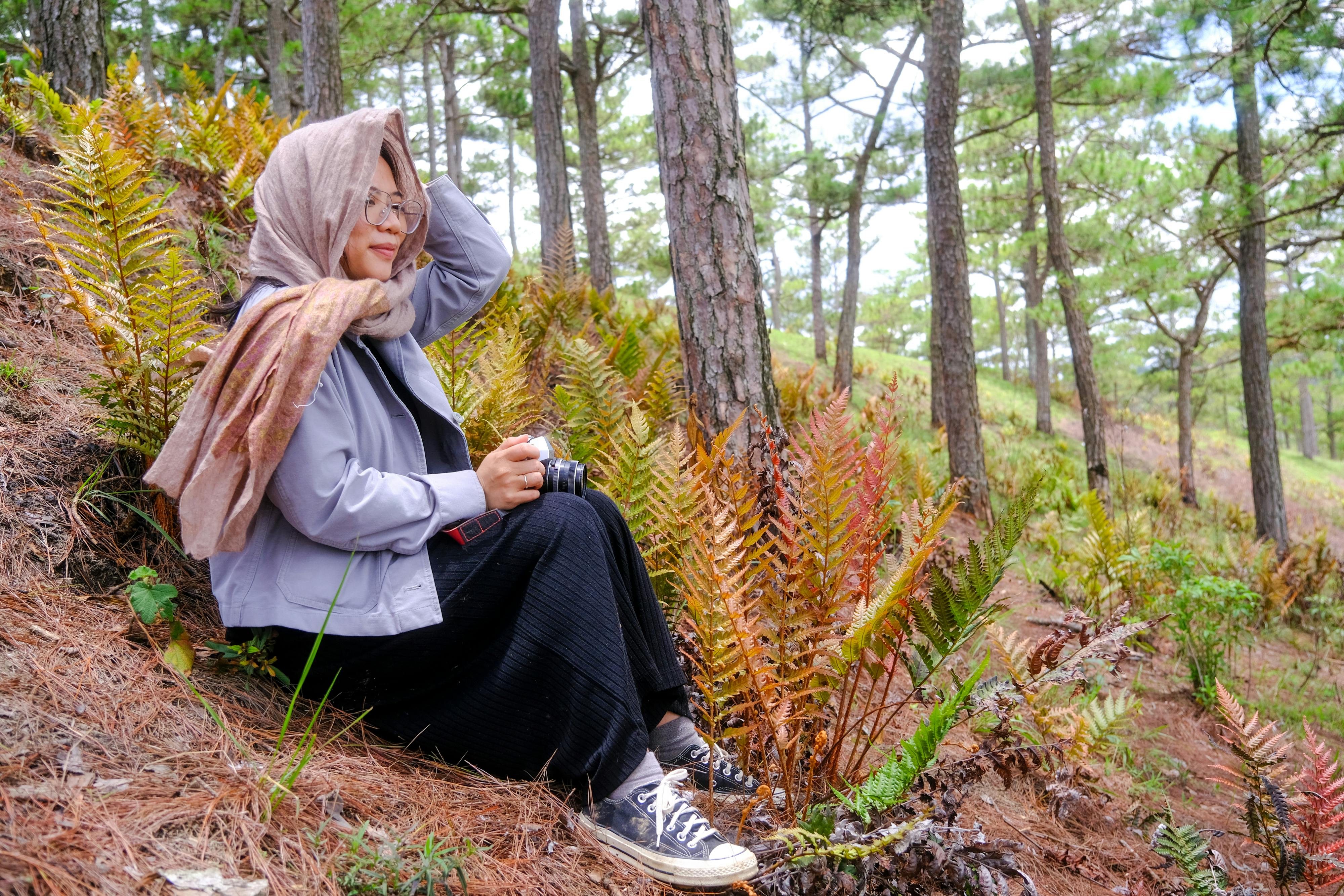 ฟรี ภาพถ่ายอันสงบเงียบของหญิงสาวที่กำลังเพลิดเพลินกับช่วงเวลาอันเงียบสงบในป่าสนเขียวชอุ่มของเมืองดาลัด ประเทศเวียดนาม คลังภาพถ่าย