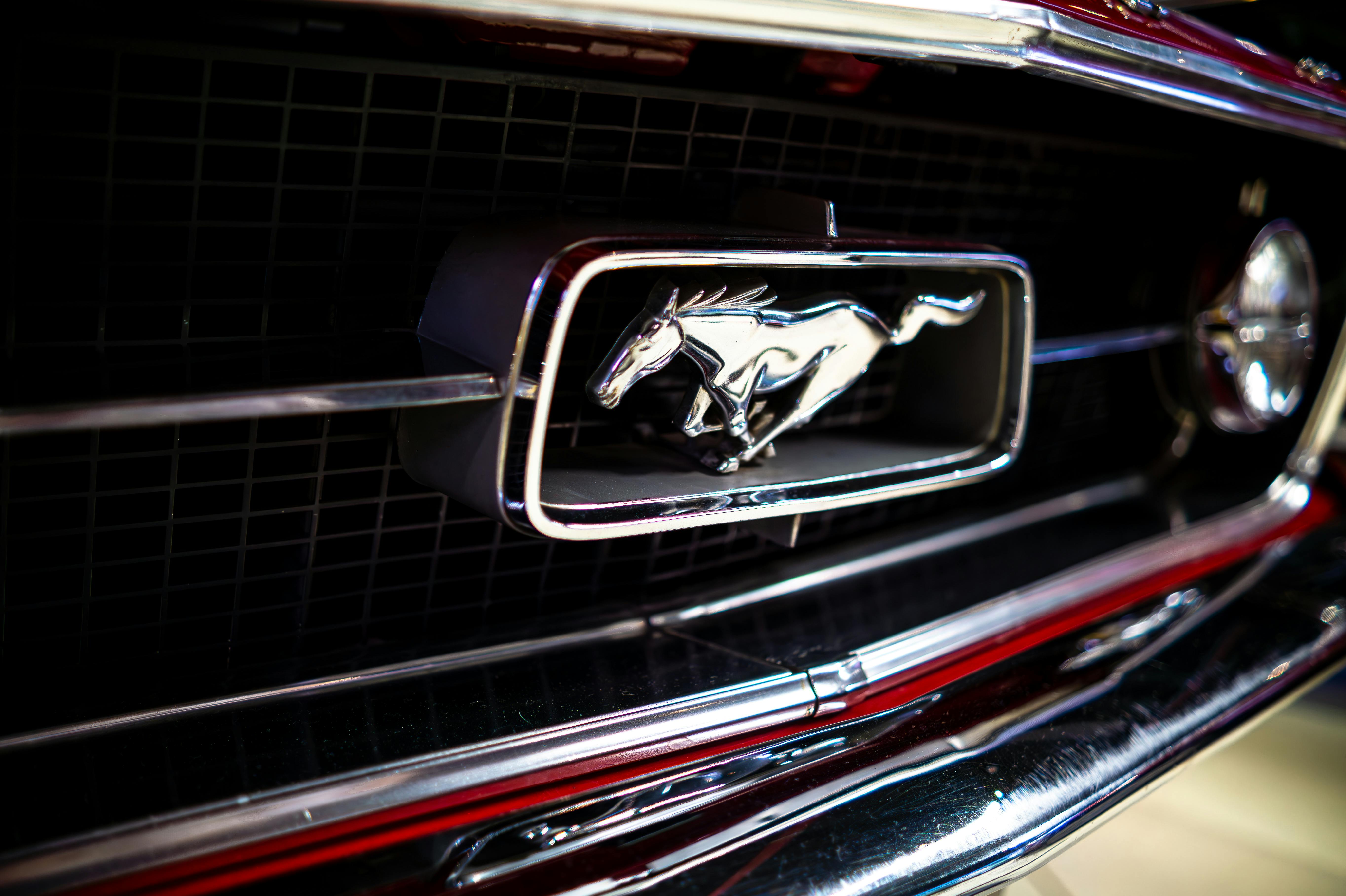 Zadarmo Detailný pohľad na klasickú mriežku Fordu Mustang s ikonickým znakom v São Paule v Brazílii. Fotka z fotobanky