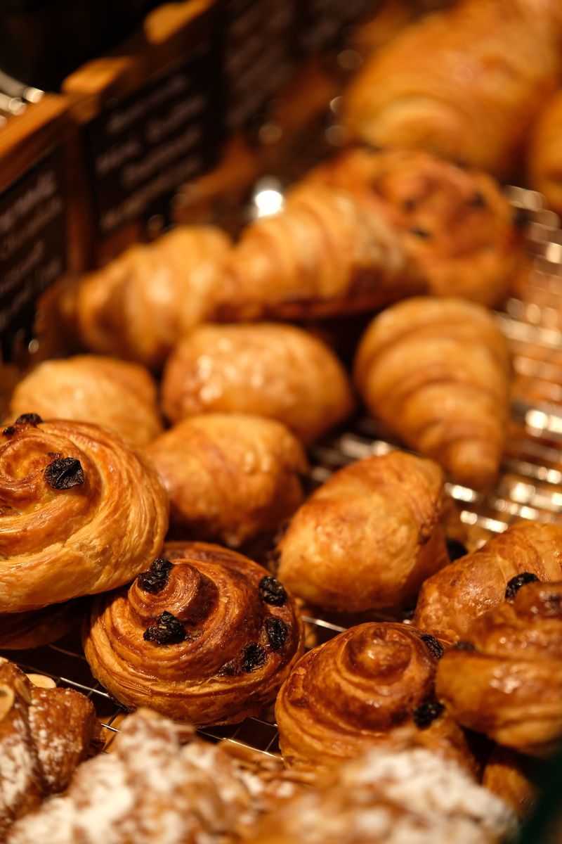 Croissants and danishes in a showcase