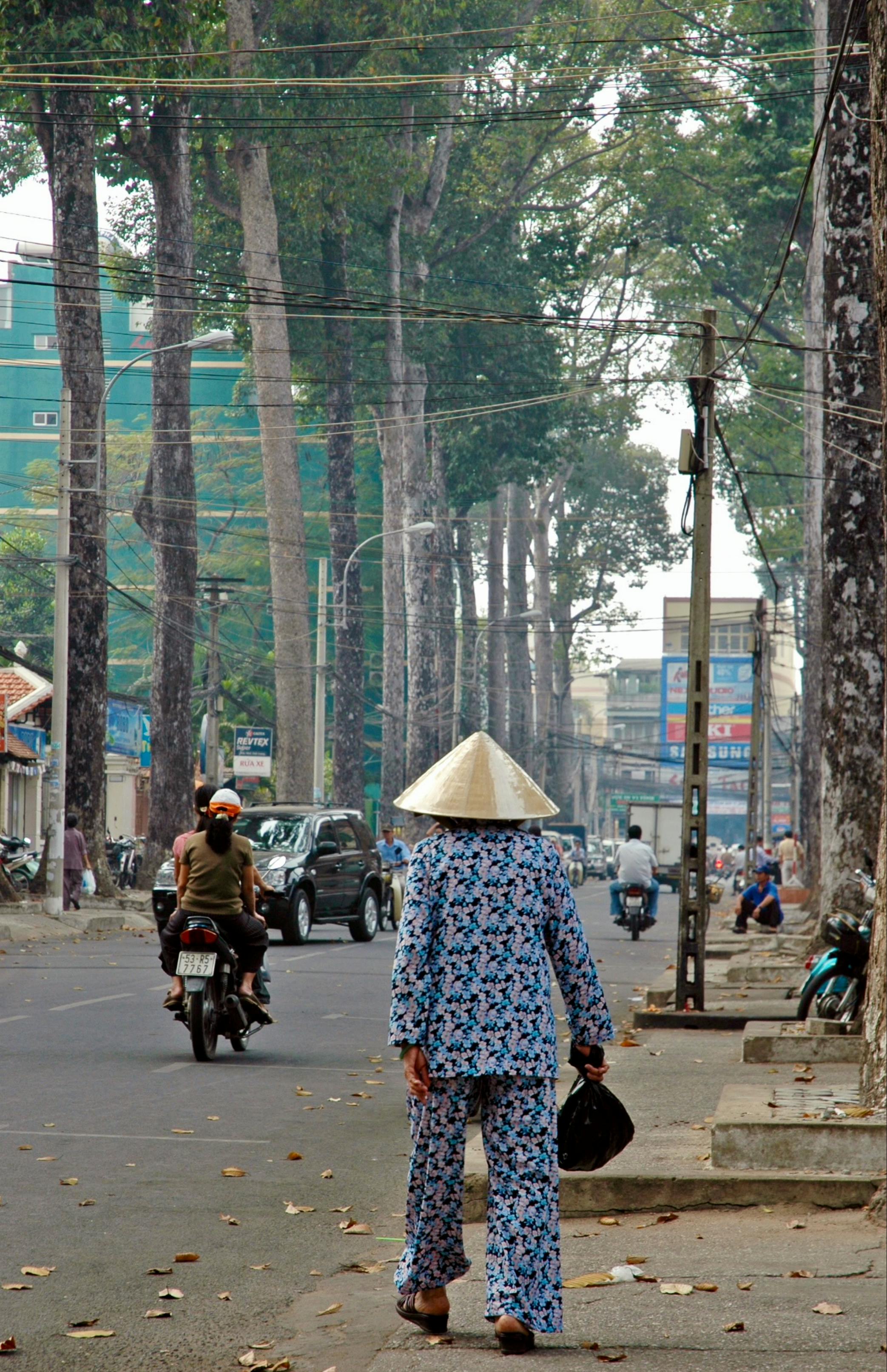 Zadarmo Žena v tradičnom klobúku a kvetinovom oblečení na mestskej ulici lemovanej stromami. Fotka z fotobanky
