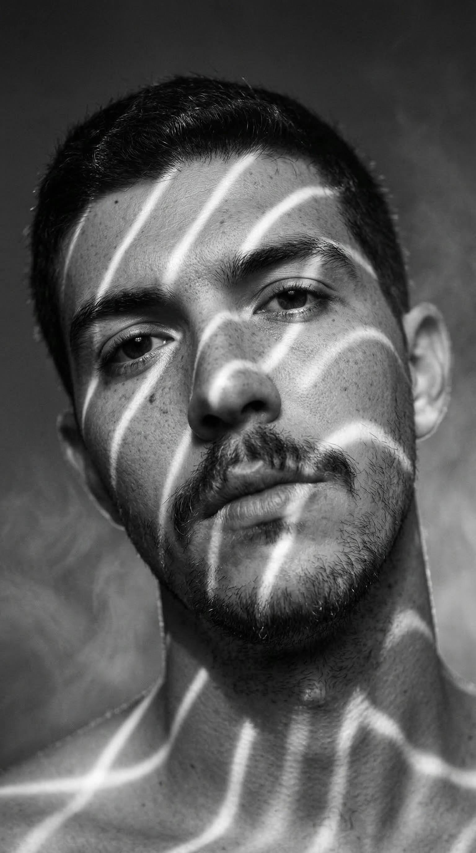 bezplatná Dramatický černobílý portrét s výraznými světelnými vzory na mužské tváři. Základová fotografie