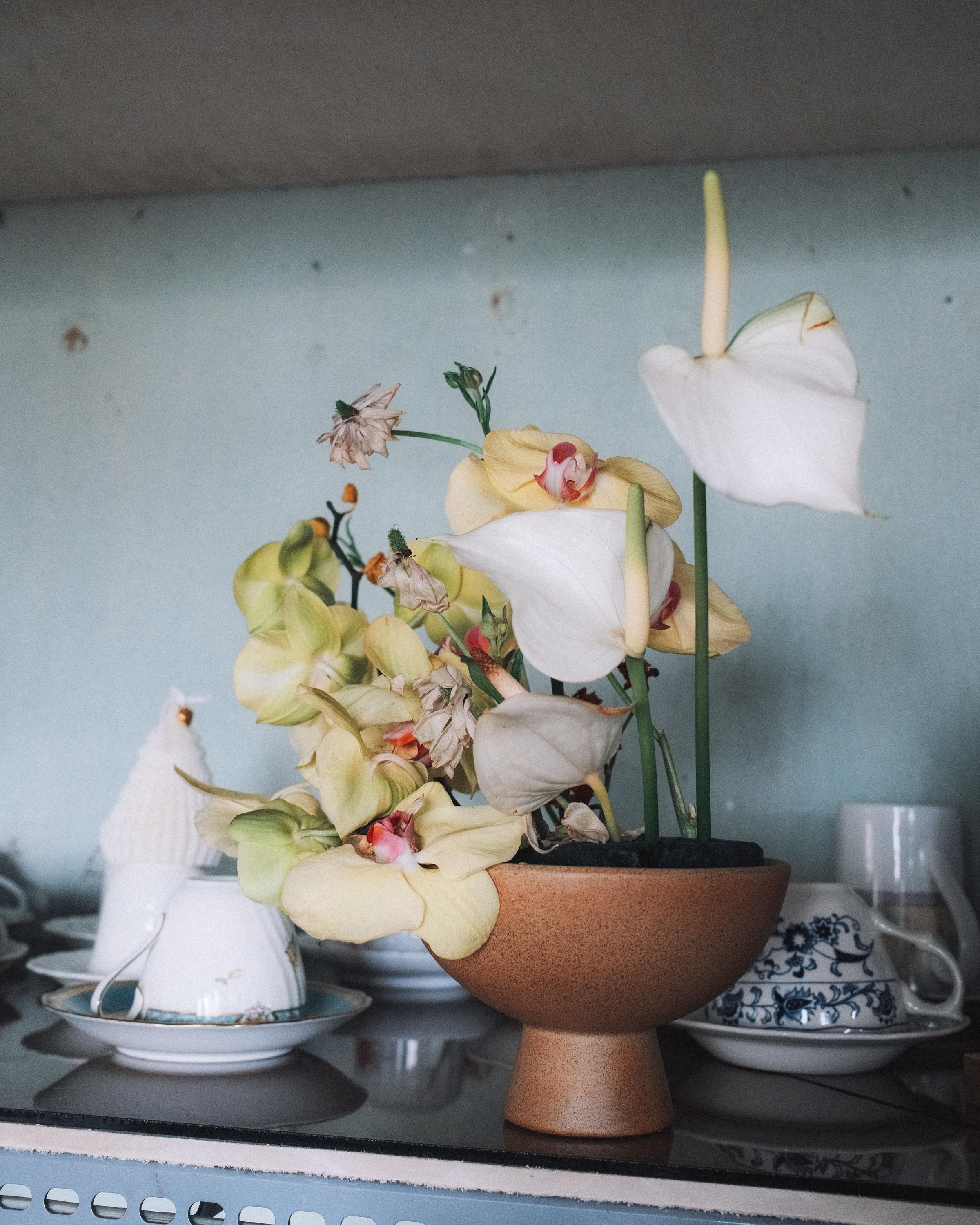 免費 室內架子上，一個簡約的陶瓷花瓶裡插著一束精緻的白色和黃色花朵。 圖庫相片