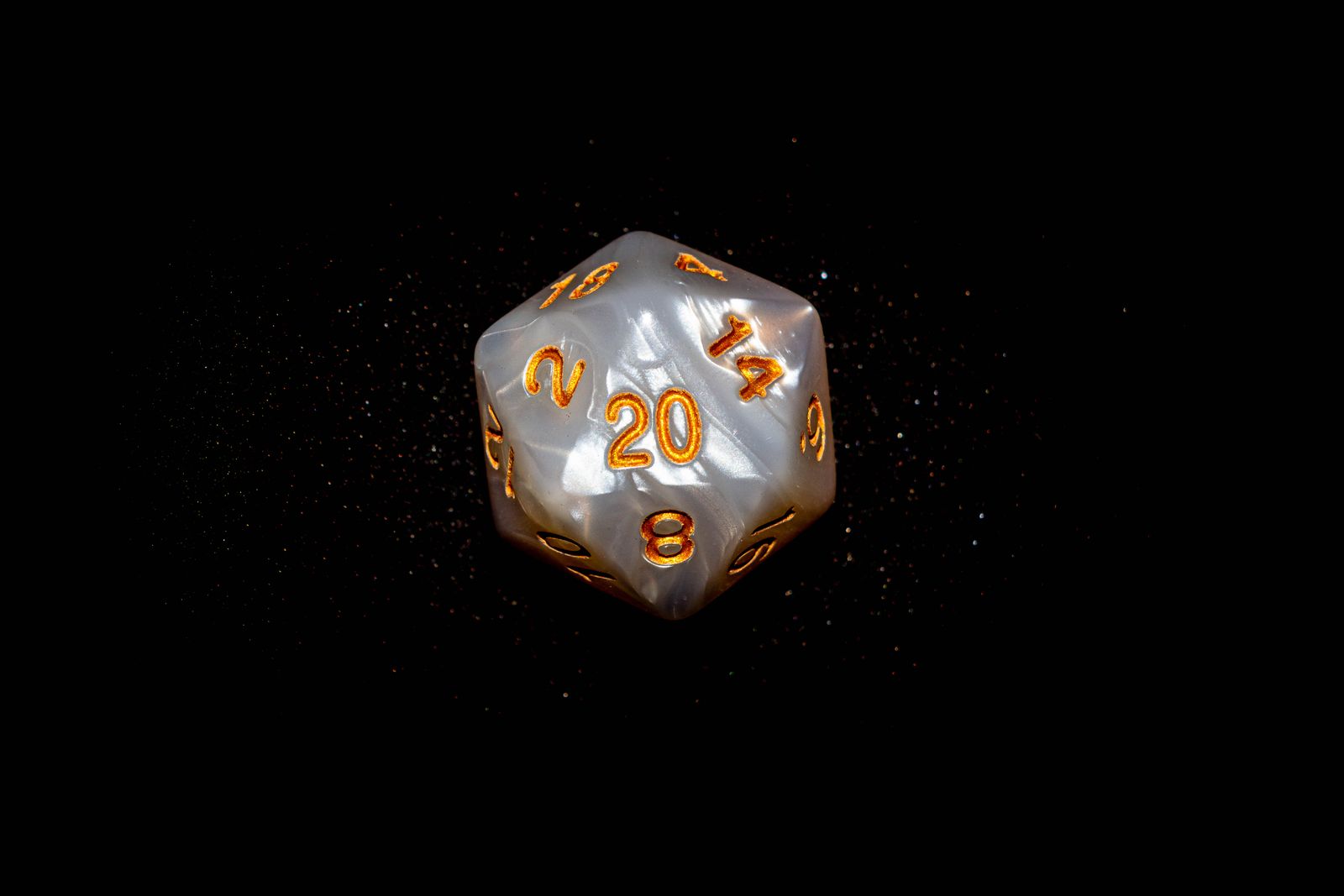 Atmospheric tabletop scene with dice and candlelight