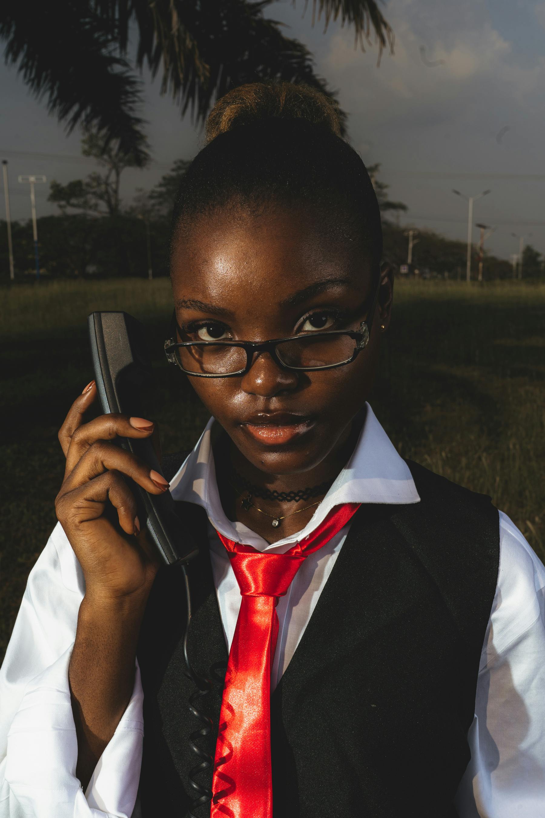 ingyenes Egy fiatal nő elegáns ruhában, szemüvegben telefonál a szabadban, magabiztosságot és profizmust sugározva. Stockfotó