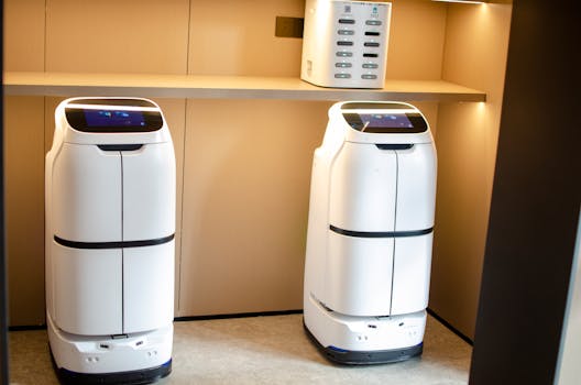 Two white robotic delivery systems located in a modern indoor room with soft lighting.