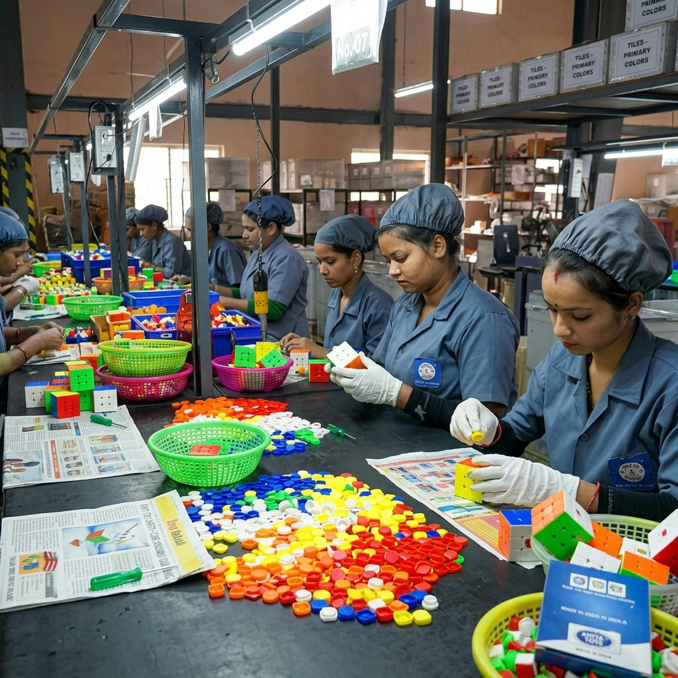 Female workers assembling colorful learning toys at a factory in Rajkot, Gujarat, India.