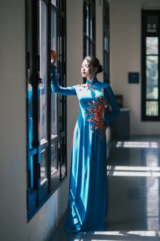 A woman in a traditional blue dress stands by a window, bathed in sunlight, creating a serene atmosphere.
