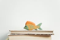 一堆古董书上放着一个色彩缤纷的木鱼玩具，背景朴素