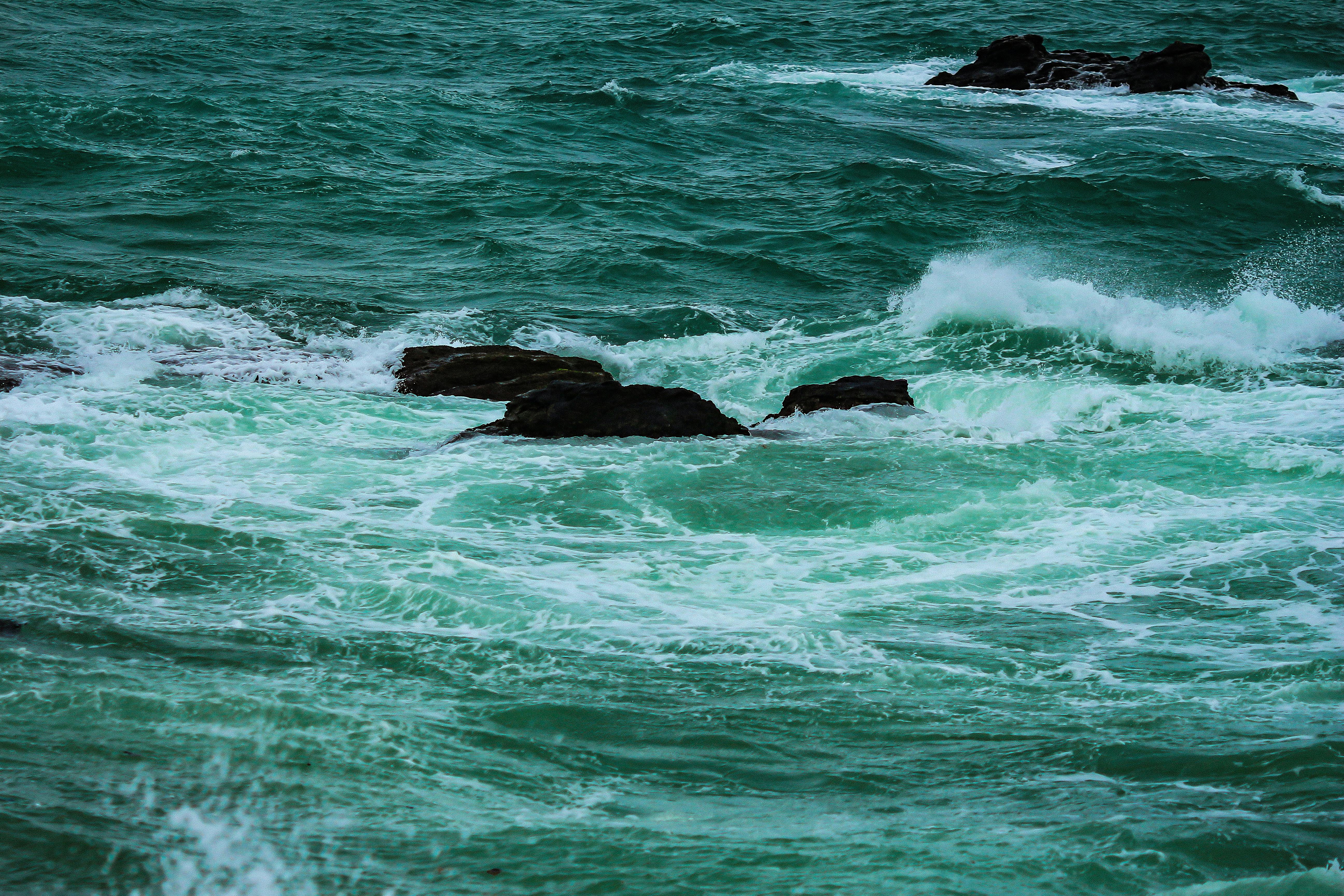Zadarmo Živé oceánske vlny narážajúce na tmavé skaly v dynamickej morskej scenérii. Fotka z fotobanky