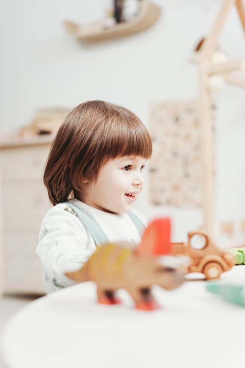 Child in White Long Sleeve Shirt Playing With Toys