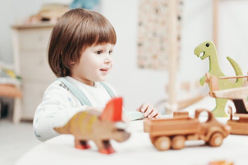 Boy in White Long Sleeve Top Playing With Toy