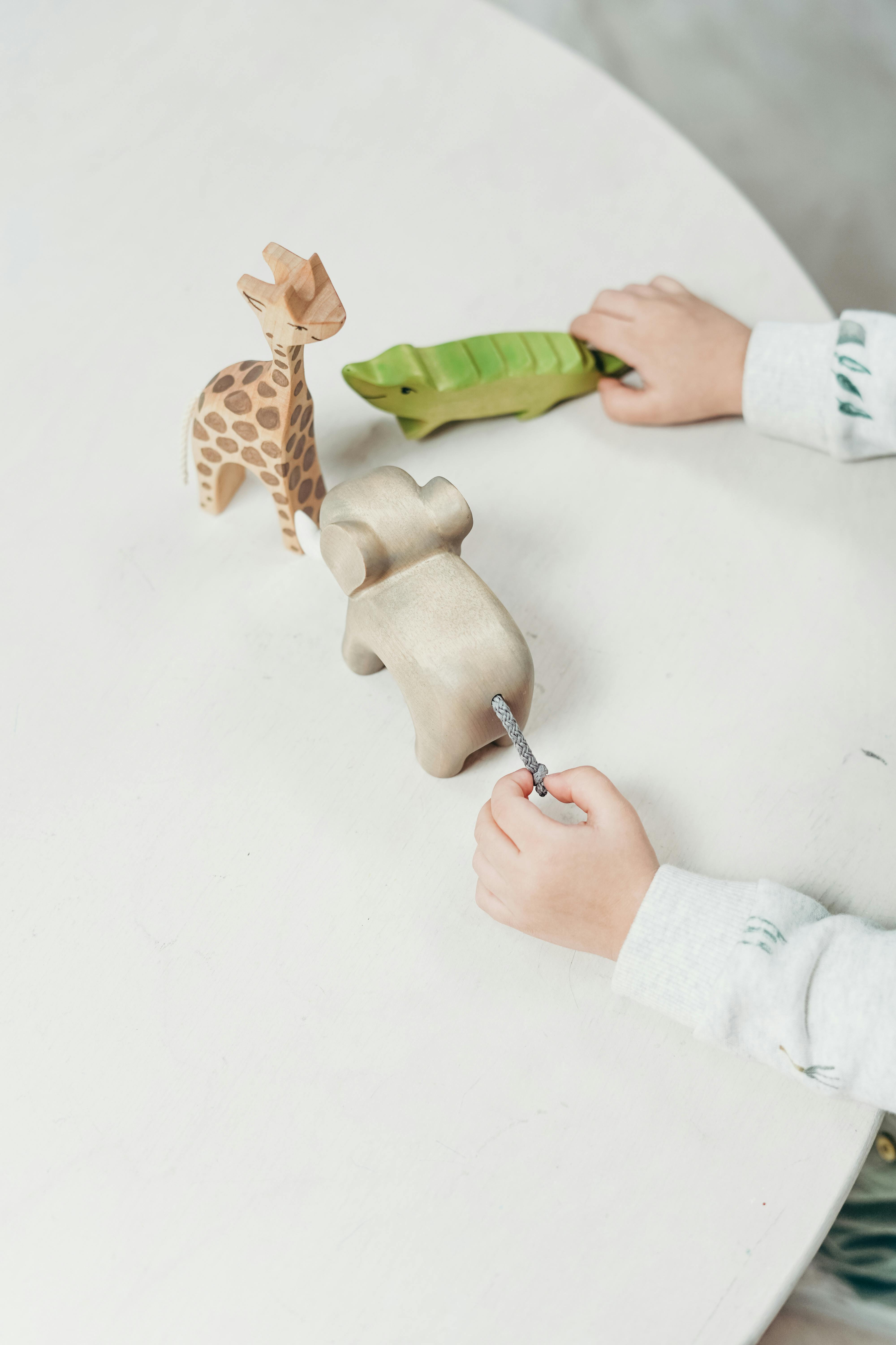 child holding wooden animal toys